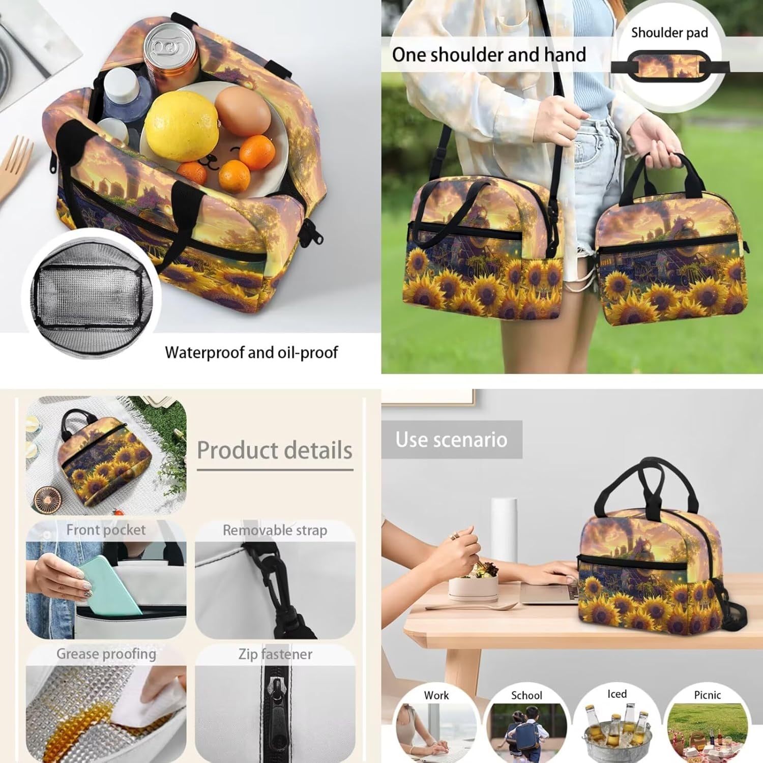 Sunflowers Steam Train School Backpack for Boys, Kids Backpack School Bookbags with Insulated Lunch Box Pencil Case 3 in 1, Lightweight School Bag