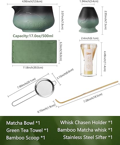 Miniatura 6 de ZENS Juego de batidor de matcha, juego de matcha de 15 onzas con cuenco y batidor de bambú, tamiz, cuchara, (soporte Chasen) - Toalla de té, kit de
