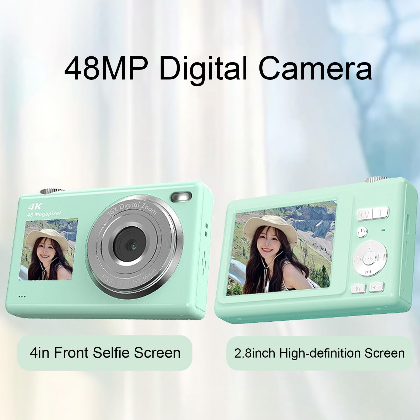 Aparat Cyfrowy 4K Autofokus 48MP Anti Shake 16X Zoom Cyfrowy Filtry Upiększające Przenośny Aparat Kompaktowy Podwójny Ekran dla Studentów (GREEN)