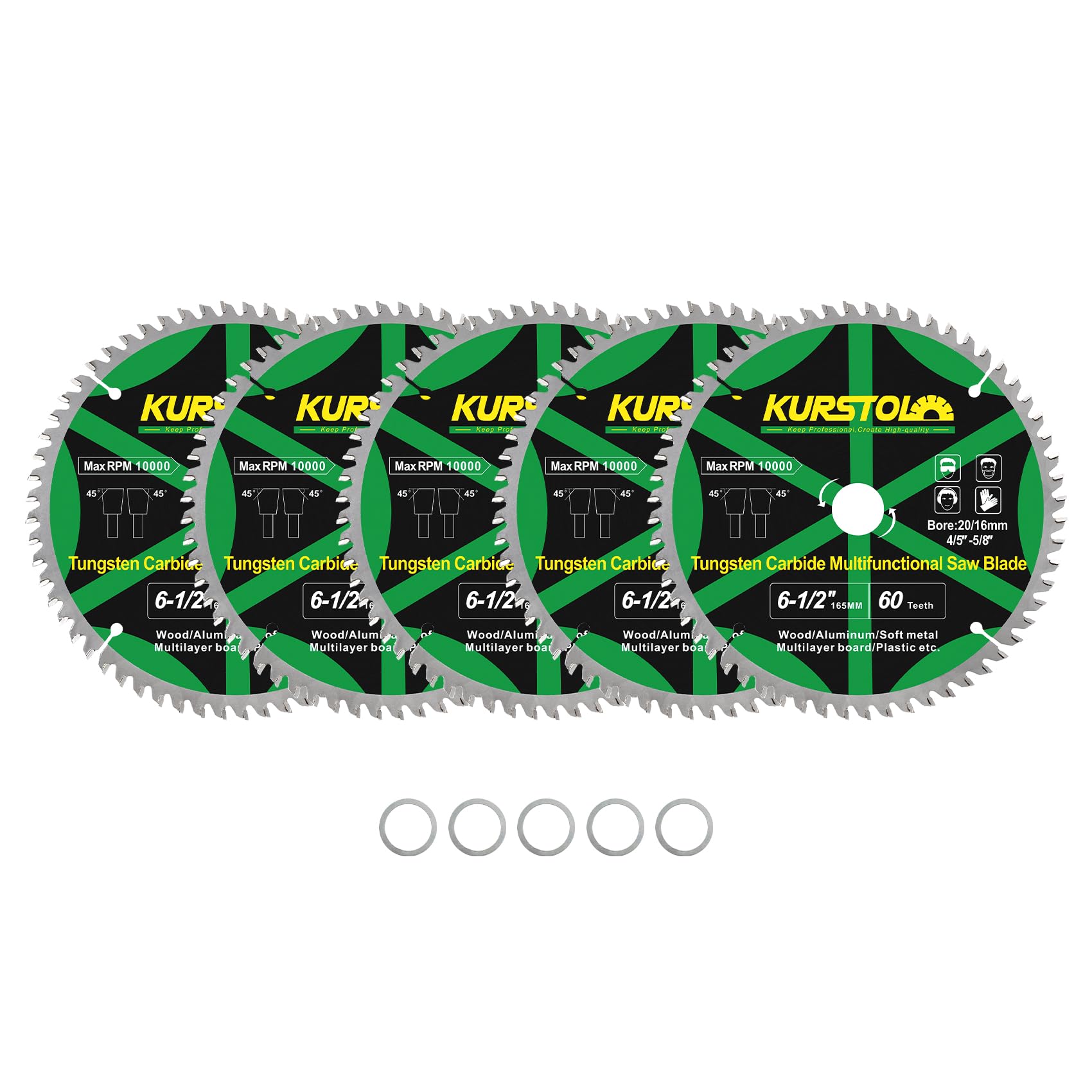 KURSTOL Wood Circular Saw Blade - 5pcs 165mm TCT Cutting Disc 60T Tungsten Carbide Tipped Blade Bore 20mm-16mm for Wood, Laminates, Aluminum, Copper, Non-Ferrous Metals, Plastic
