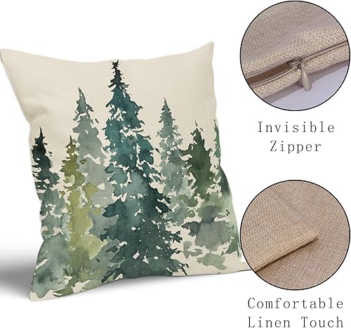 Miniatura 6 de Juego de 2 fundas de almohada decorativas con diseño de árbol verde oscuro en acuarela de 12 x 20 pulgadas, diseño rústico de bosque natural, para
