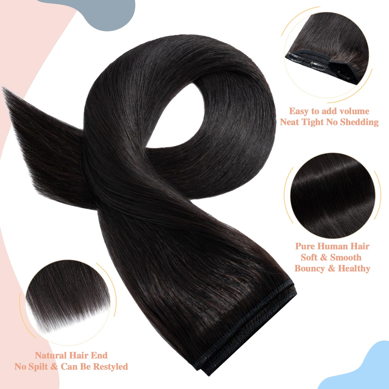 S-noilite Clip-in Human Hair Natural Black One Piece 18 Inch (50g) Hair Extension, #1B, Natural Black, 18 Inch - 1.76 oz - Image 3