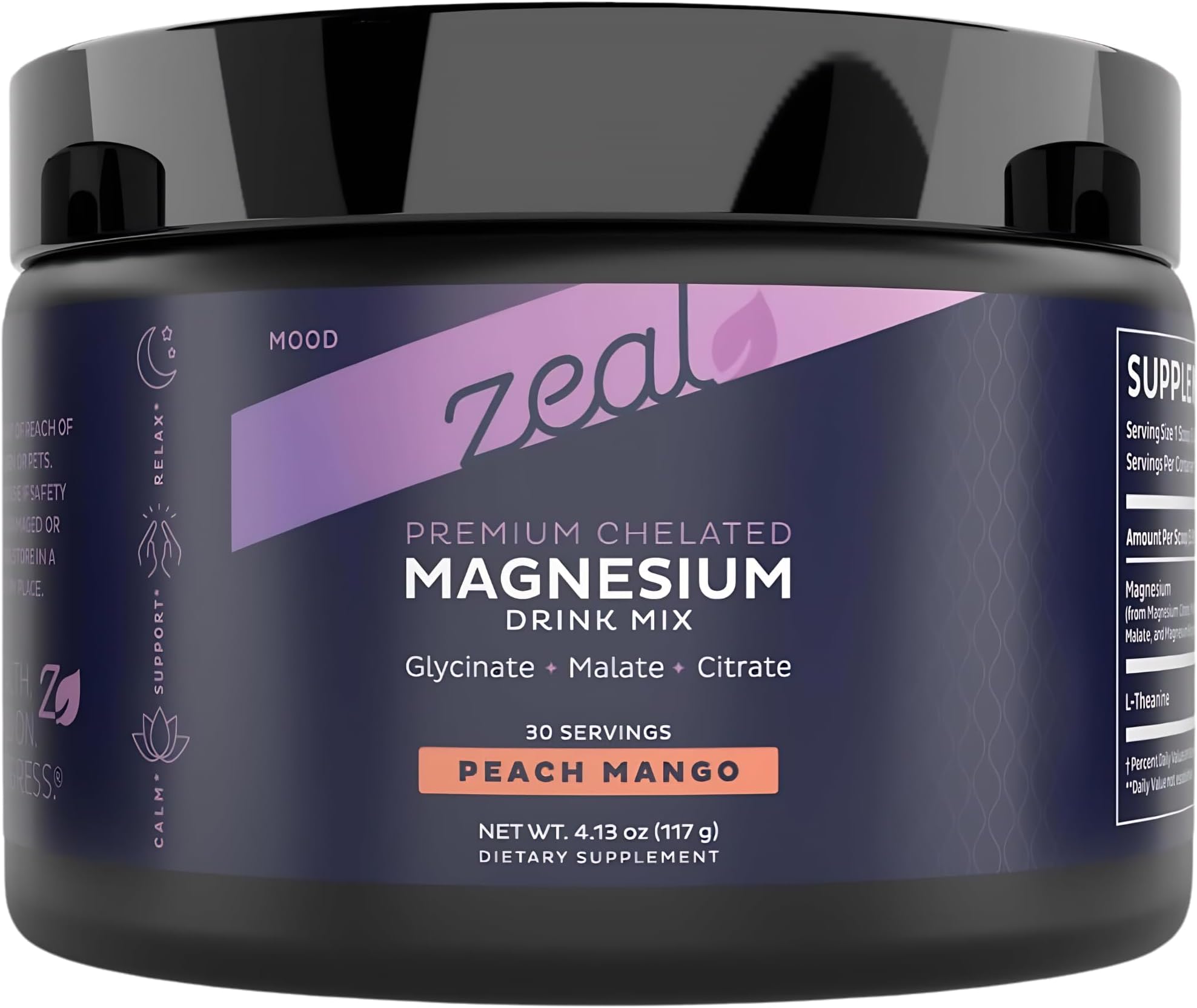 Zeal Naturals Magnesium + L-Theanine Drink Mix Powder – Mag Complex with Glycinate, Malate, Citrate and L-Theanine | Supports Sleep, Calm & Relaxation | Non-GMO | Peach Mango | 30 Servings