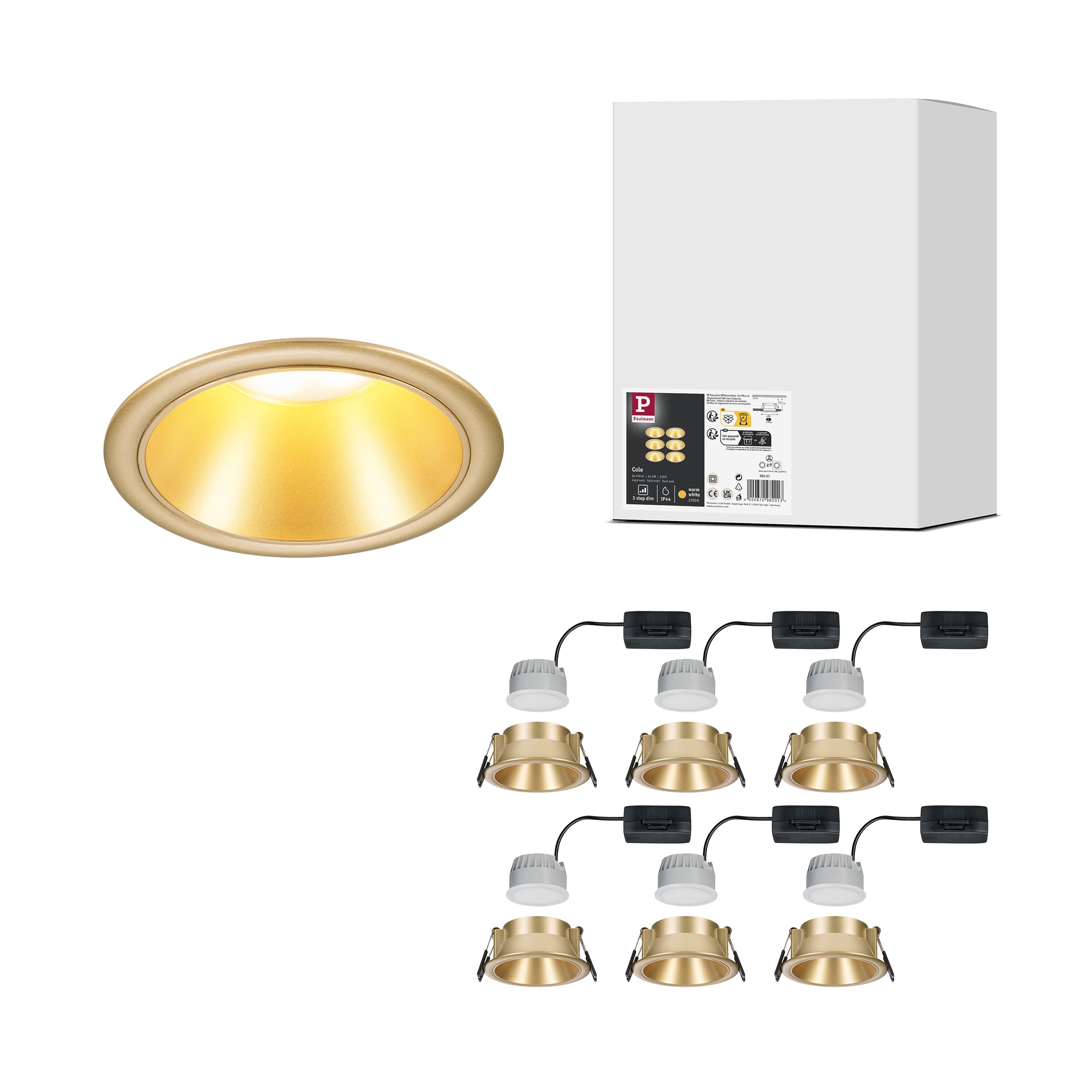 Paulmann 98201 LED Einbauleuchte Cole Coin 6er-Set IP44 rund 88 mm Coin 6x6W 6x470lm 230V dimmbar 2700K Gold matt