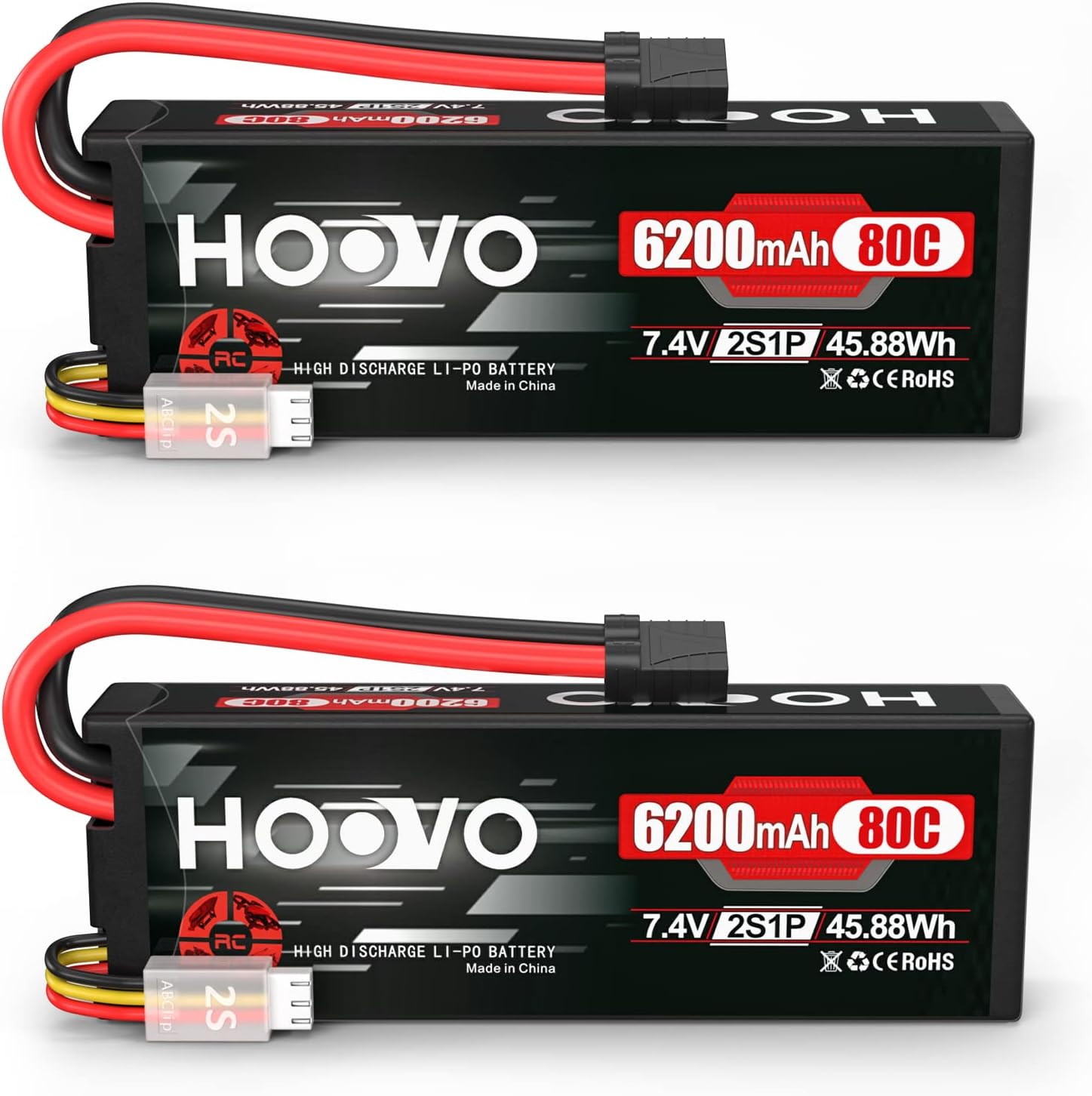 HOOVO 7.4V 80C 6200mAh 2S Lipo Battery Hard Case with Tracxas Plug for RC Car Truck Truggy Buggy Tank RC Airplane Helicopter Boat Car Racing (2 Pack)