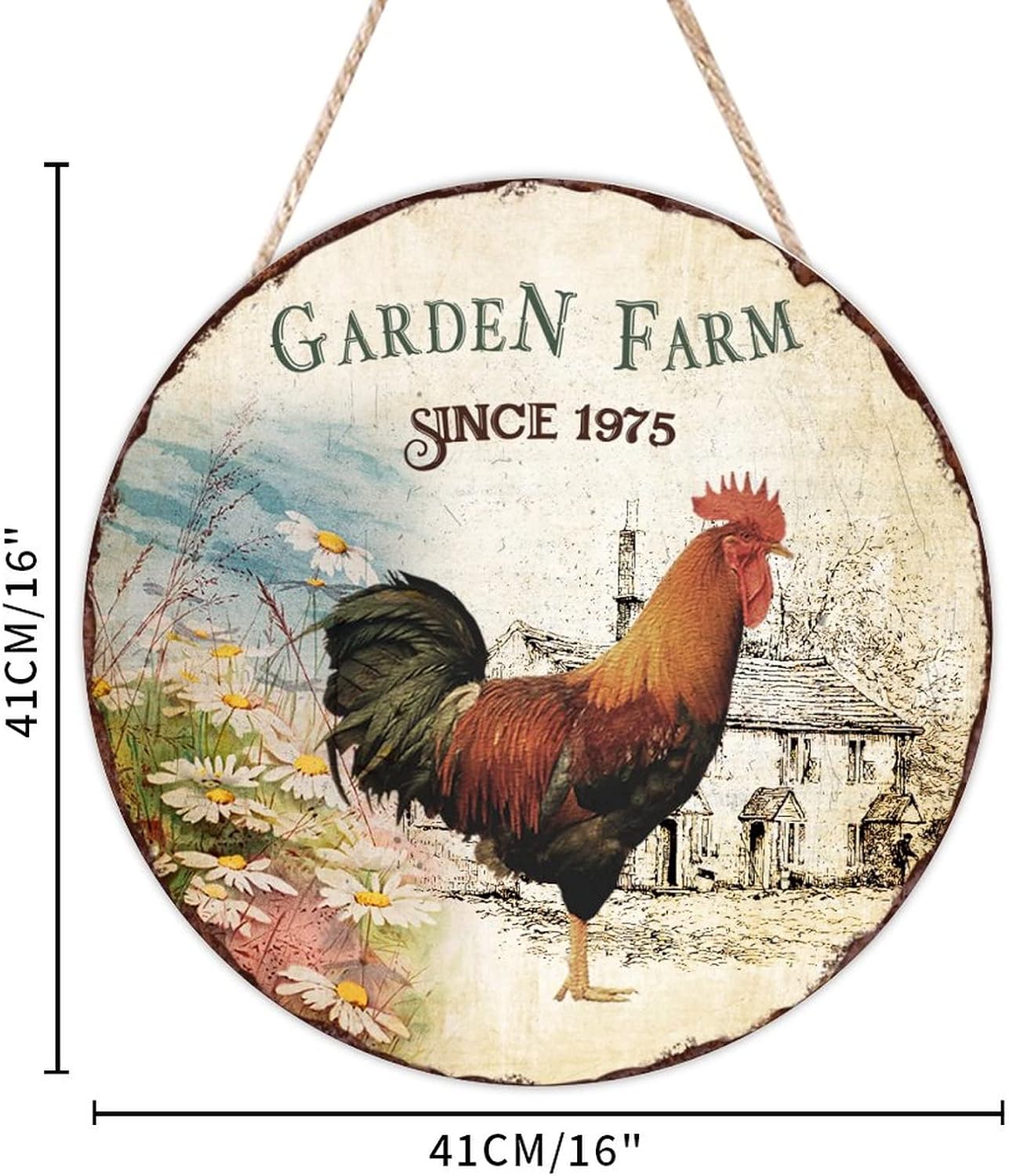 Garden Farm Since 1975 Round Door Hanger Sign, Rooster Wood Door Sign, 16x16in Art Font Wall Hanging Sign Plaque Farmhouse Front Porch Decor Housewarming Gifts