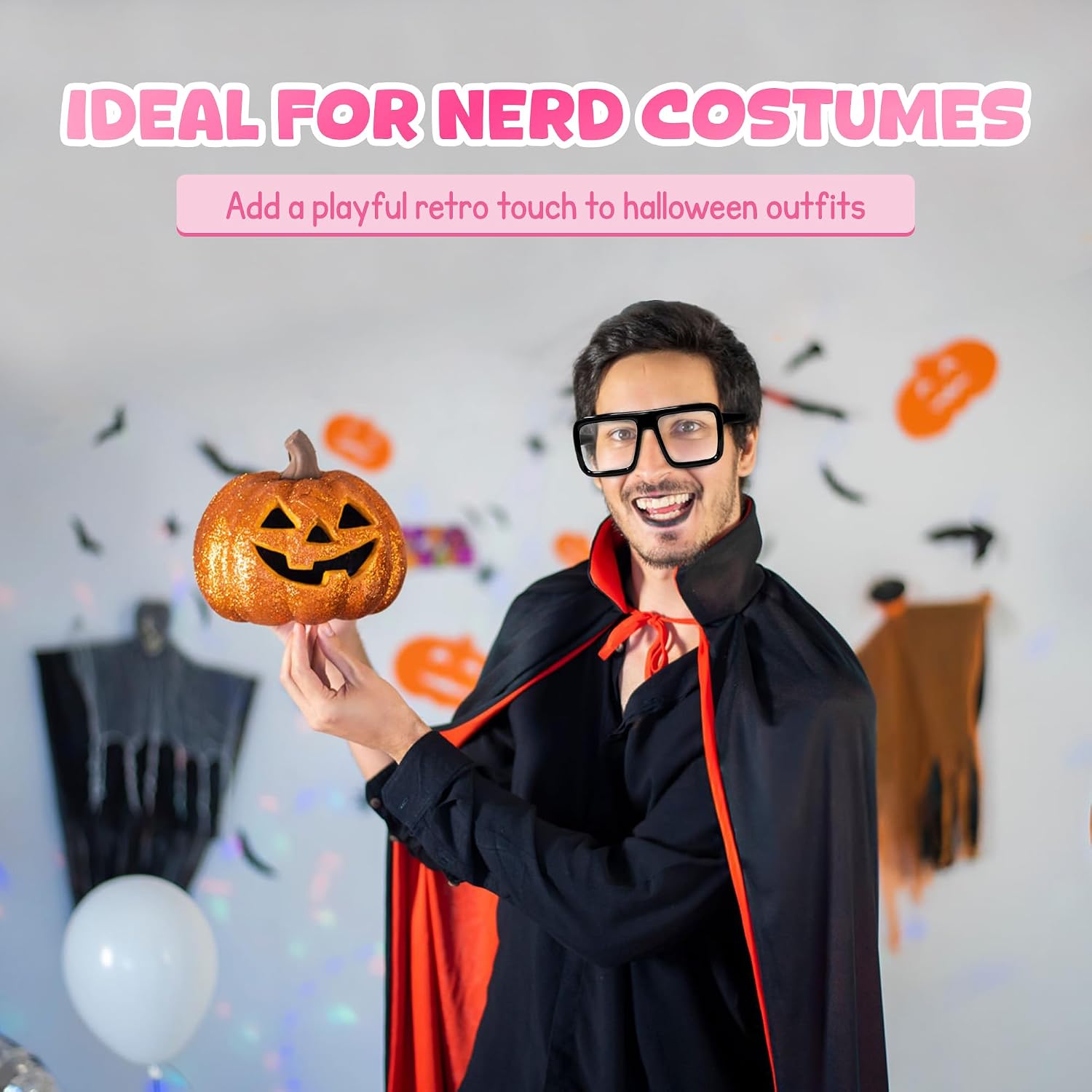 4E's Novelty Black Oversized Thick Glasses Clear Lens Non Prescription Square Frame, Fake Huge Fashion Eyeglasses for Vector Velma Costume Adults Women & Men, Halloween Nerd Costume Accessories