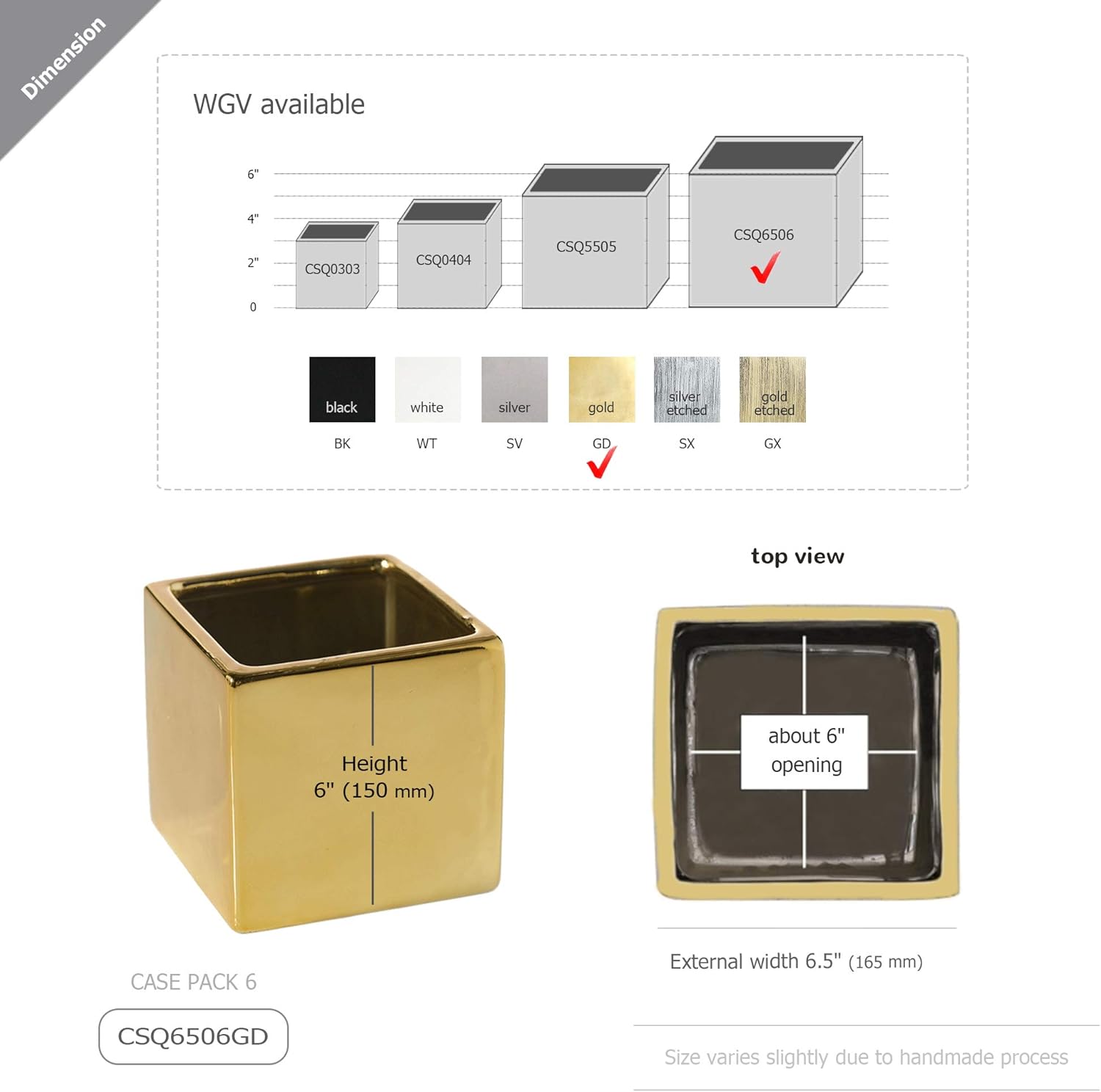 WGV Ceramic Cube Vase Width 6.5" Height 6" (Fits 6" Pot) Elegant Modern Block Square Floral Planter Terrarium Container Table Dresser for Event Accent Home Office Decor Gold 1 Piece