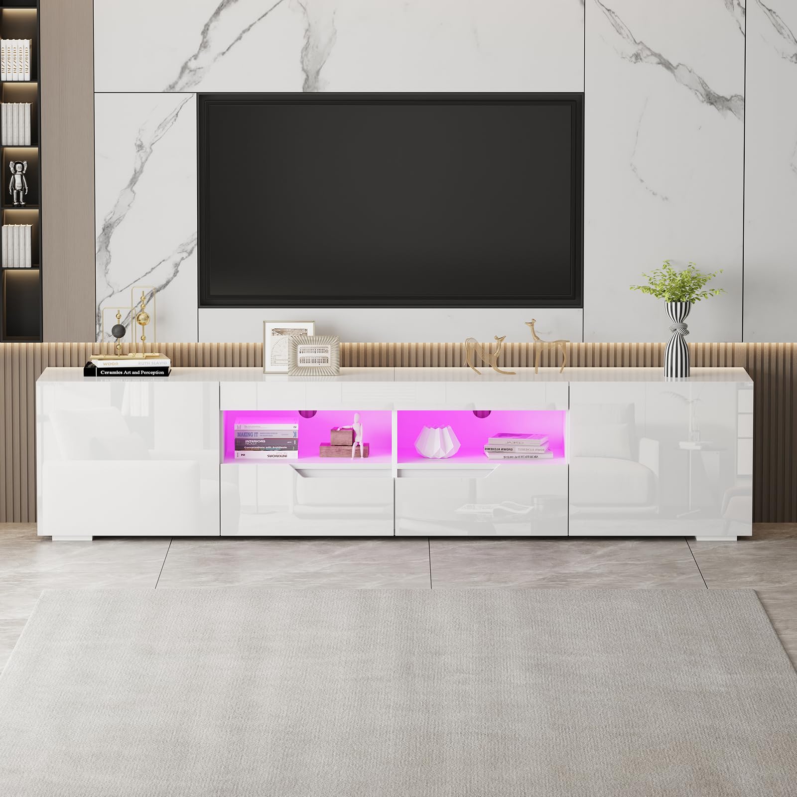 Hochglanz TV-Schrank, TV Lowboard mit Doppel-Schublade und 16 LED Farben Beleuchtung, Fernsehtisch für 65–85 Zoll Fernseher, Griffloses TV Möbel Schränken Für Wohnzimmer Schlafzimmer (Weiß)