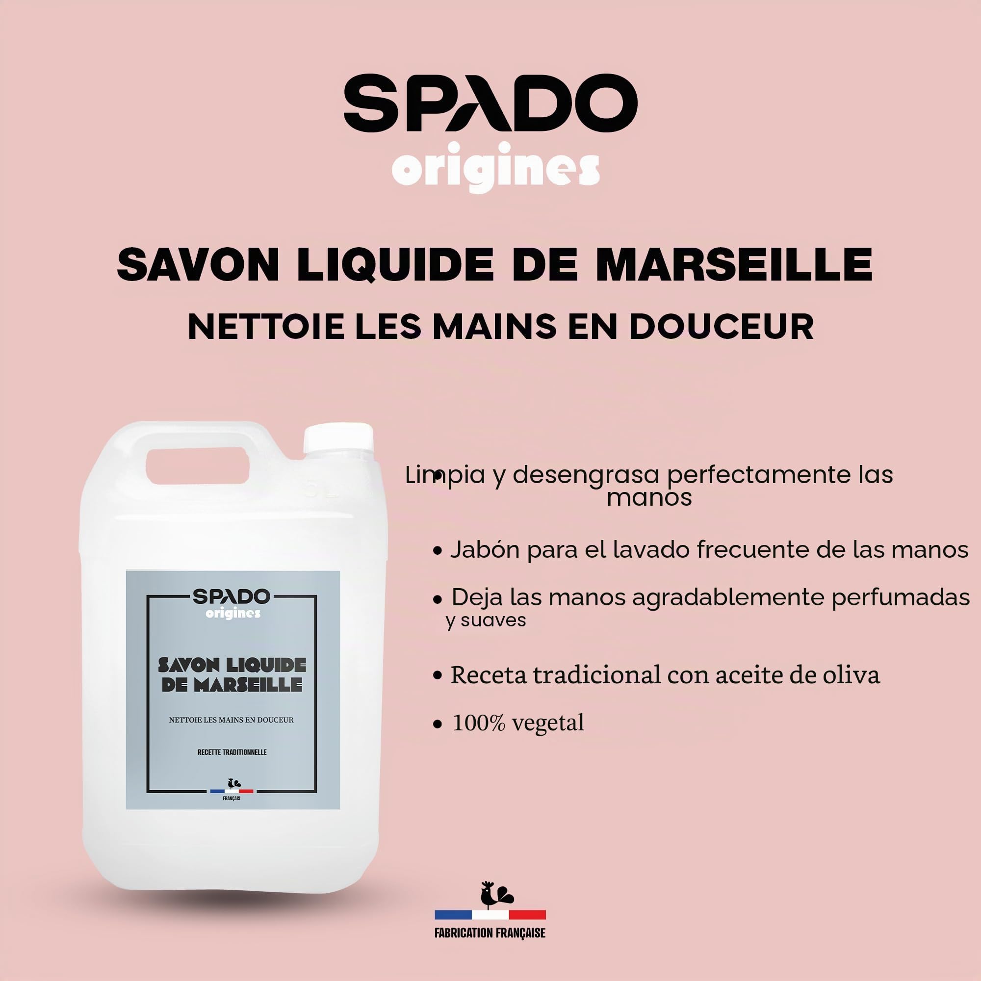 SPADO Origines – Jabón de Marsella líquido – 100% vegetal – Limpia y desengrasa – Suaviza las manos – Con aceite de oliva – 5 L – Fabricación francesa