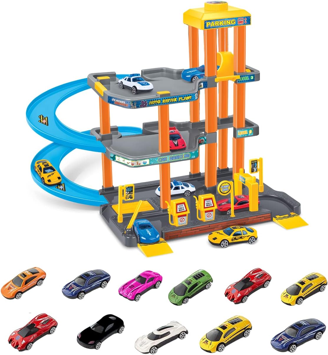 Car Park Play Set 3Storey Parking with 15 Diecast Racing Cars, Lift