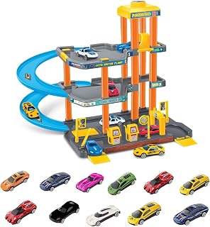 Car Park Play Set 3-Storey Parking with 15 Die-cast Racing Cars, Lift Elevator, Ramp Track, Car Wash, Gas Station Ideal Toy for Boys Girls 3+ Years, Garage with Lift, Kids' Building Playset
