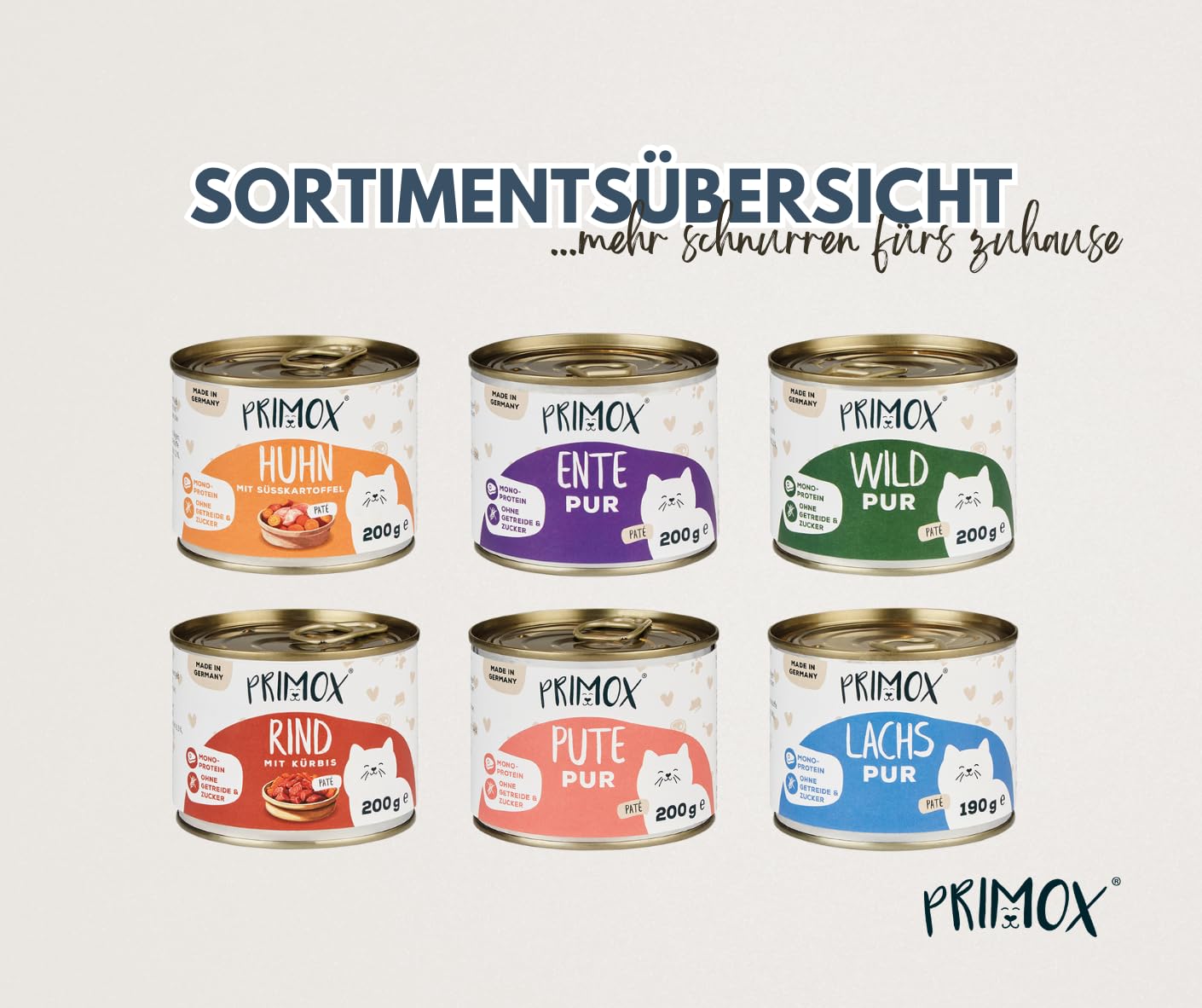 PRIMOX Katzenfutter nass Mix 3 Huhn, Ente, Pute, Rind, Wild & Lachs, 30x 200g + 6X 190g - Natürliches Nassfutter mit hohem Fleischanteil - Monoprotein-Quelle ohne Getreide & Zucker
