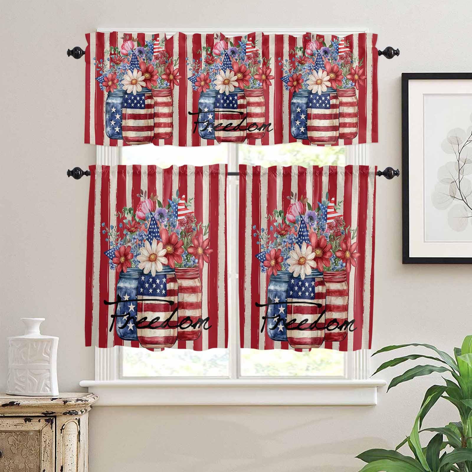 American Flag Kitchen Curtains 24 Inch Length, 3 Piece Rod Pocket Small Half Tiers and Valance Set, Red Stripe Blue Star Patriotic Floral Small Large Window Treatment Decor for Bedroom/Bathroom Sink