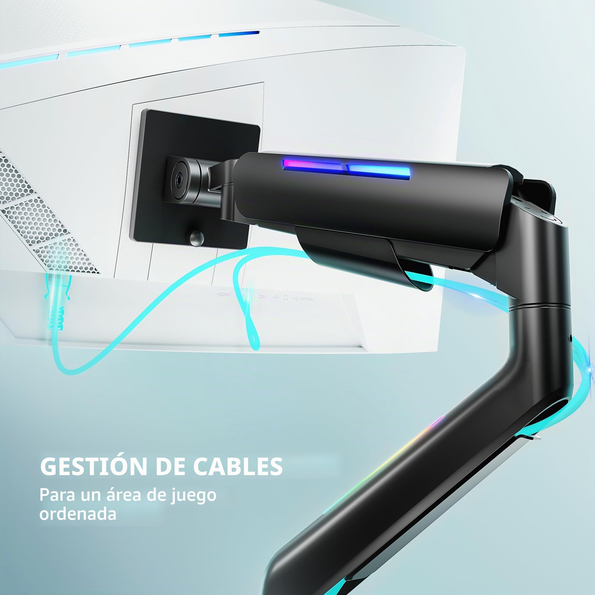 ARES WING Ergonomic Brazo de Monitor RGB para monitores de 17 a 49", Blanco | Capacidad de Carga de hasta 20 kg, Resorte de Gas, diseñado para Gamer