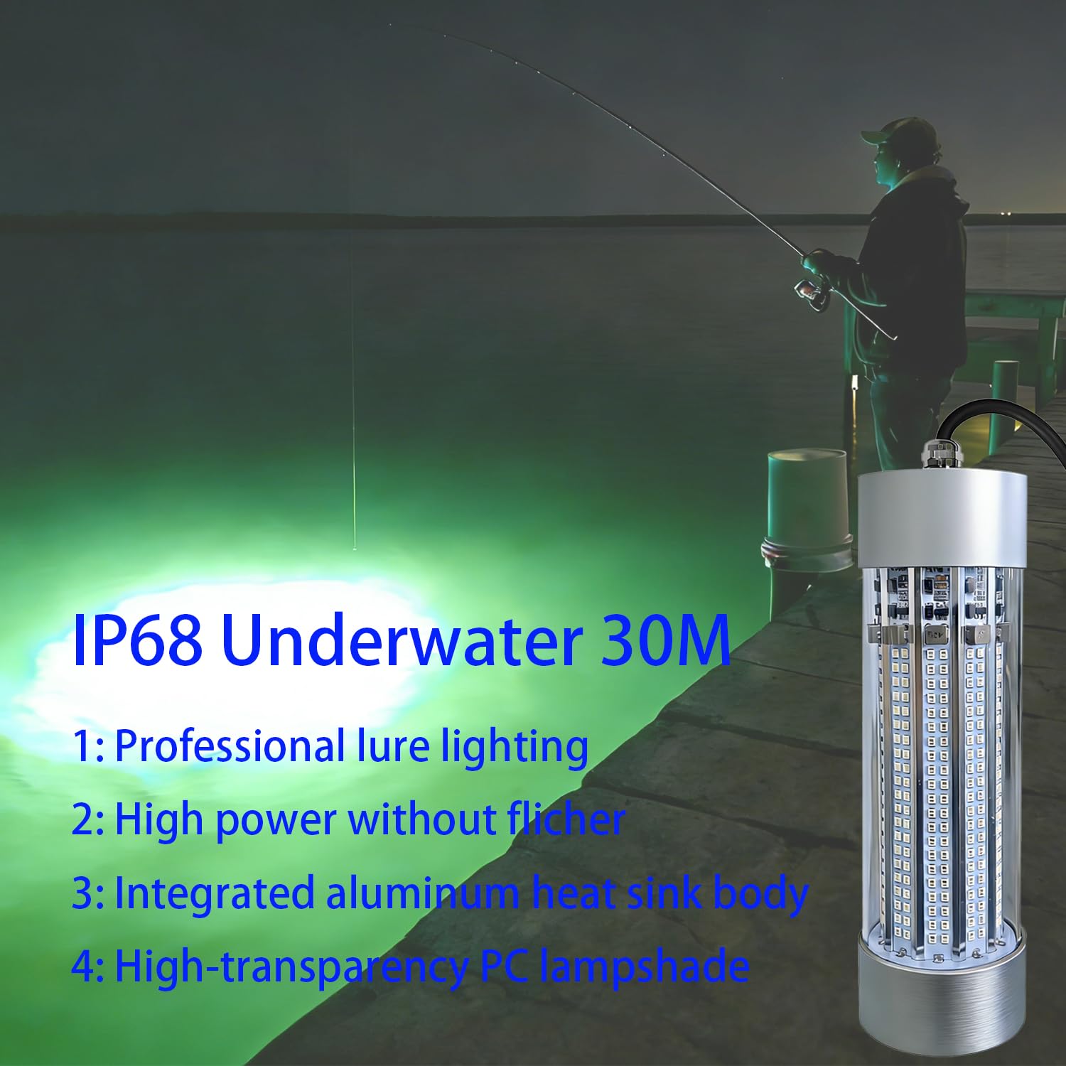 Luces de pesca subacuáticas para exteriores, superbrillantes, 12 V, 30 W, 70 W, 100 W, 6000-12000 lm, IP68, impermeable, luz LED verde, luz de pesca sumergible para pesca nocturna con cable