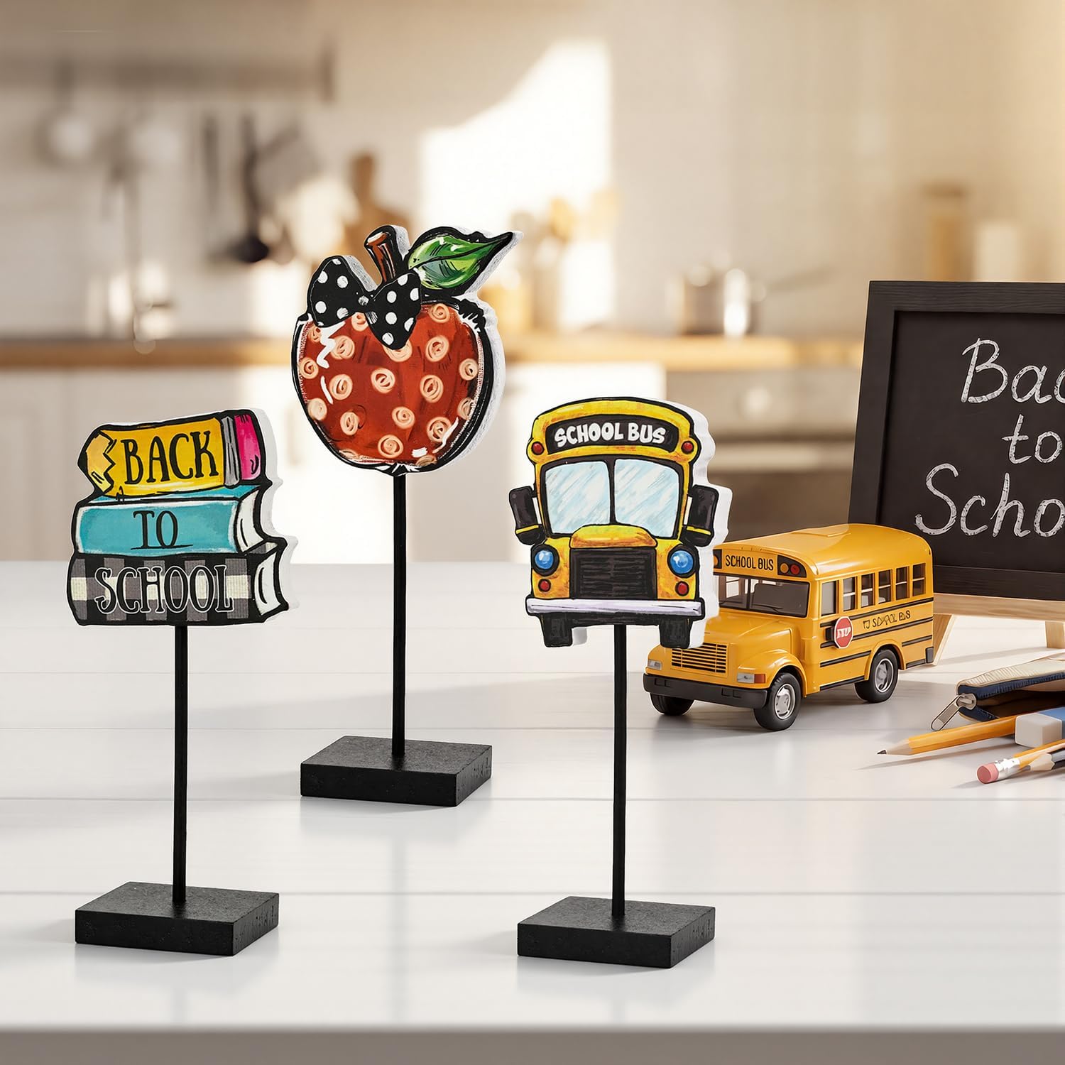 Smile Back to School Wooden Desktop Decor School Bus, Apple & Book Stack Table Signs - Classroom & Home Shelf Accents Gifts for Kids, Teachers image 3