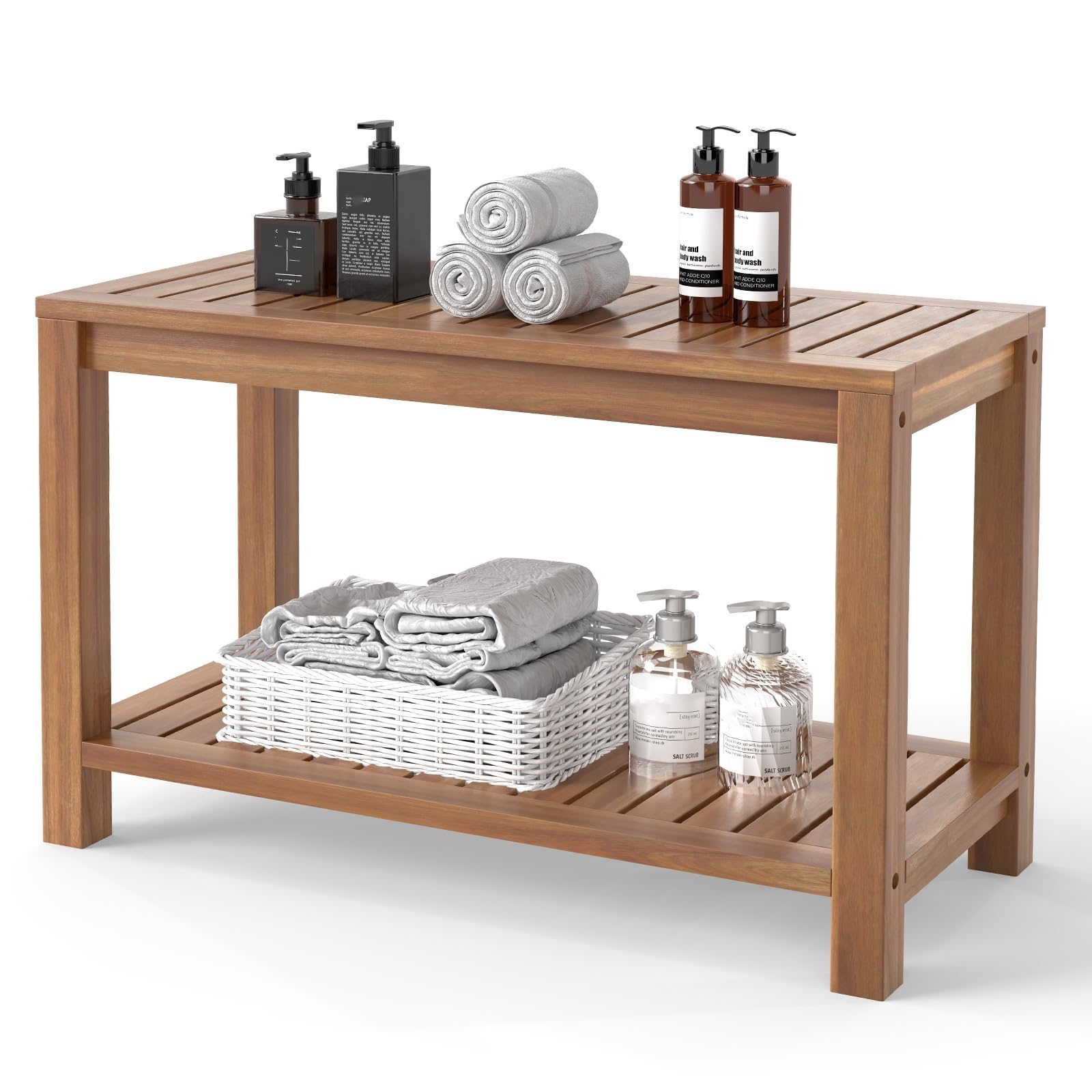 Giantex Teak Shower Bench with Shelf, 30 Inch Shower Stool with Slatted Seat for Elderly Seniors, Waterproof Bathroom Spa Bathing Seat Foot Rest Entryway Bench for Indoor and Outdoor Use