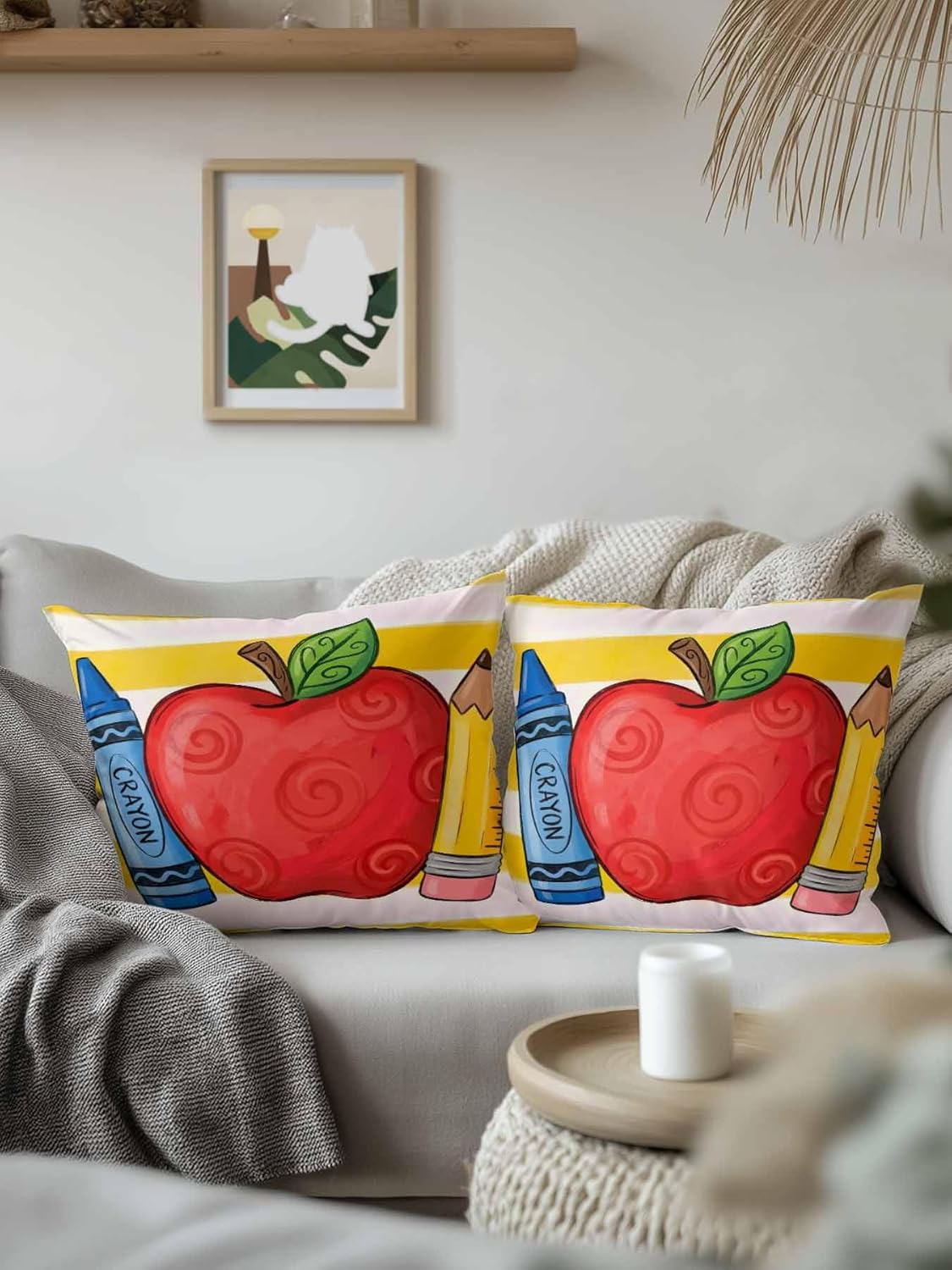 1 Pack Outdoor Pillows Waterproof, Children's Day Indoor/Outdoor Throw Pillows with Inserts, Funny Cartoon Pencil Yellow Striped Decorative Pillow for Patio Furniture Chairs Couch 18"x18"