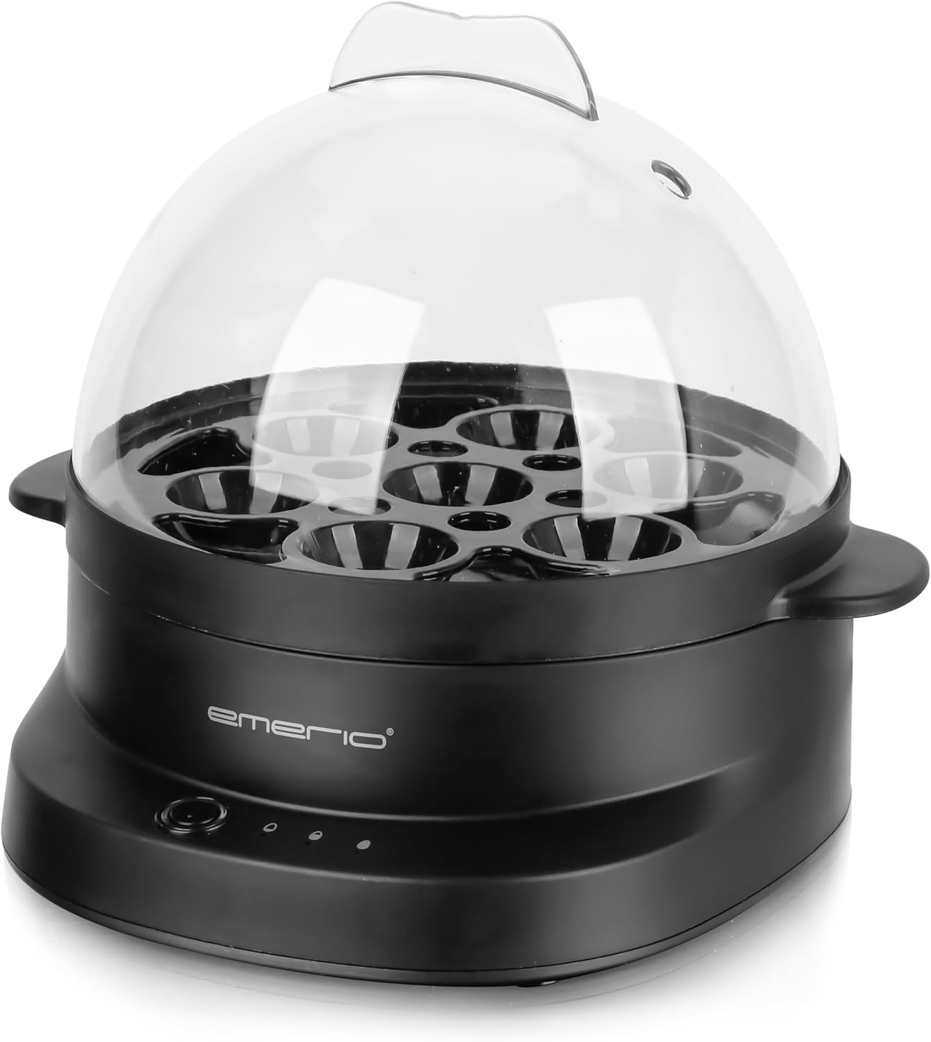 Unique egg cooker cooks all three cooking levels [soft|medium|hard] in one cooking process for 7 eggs with perfect result and speaks different languages (DE EN FR ES IT PL NL