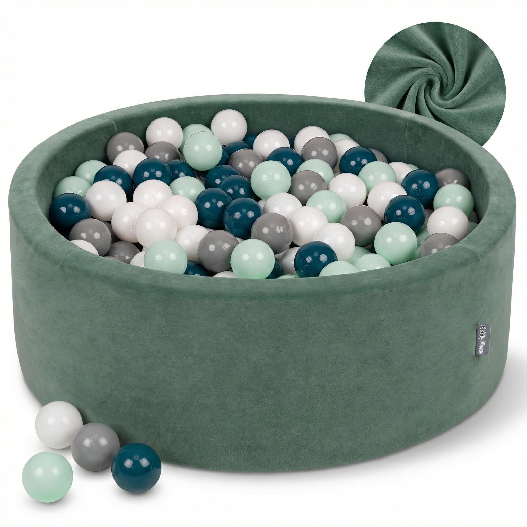 KiddyMoon Soft Ball Pit Round 90X30cm/200 Balls โ
7Cm / 2.75In For Kids, Foam Velvet Ball Pool Baby Playballs, Made In The EU, Forest Green:White/Grey/Mint โ image 1