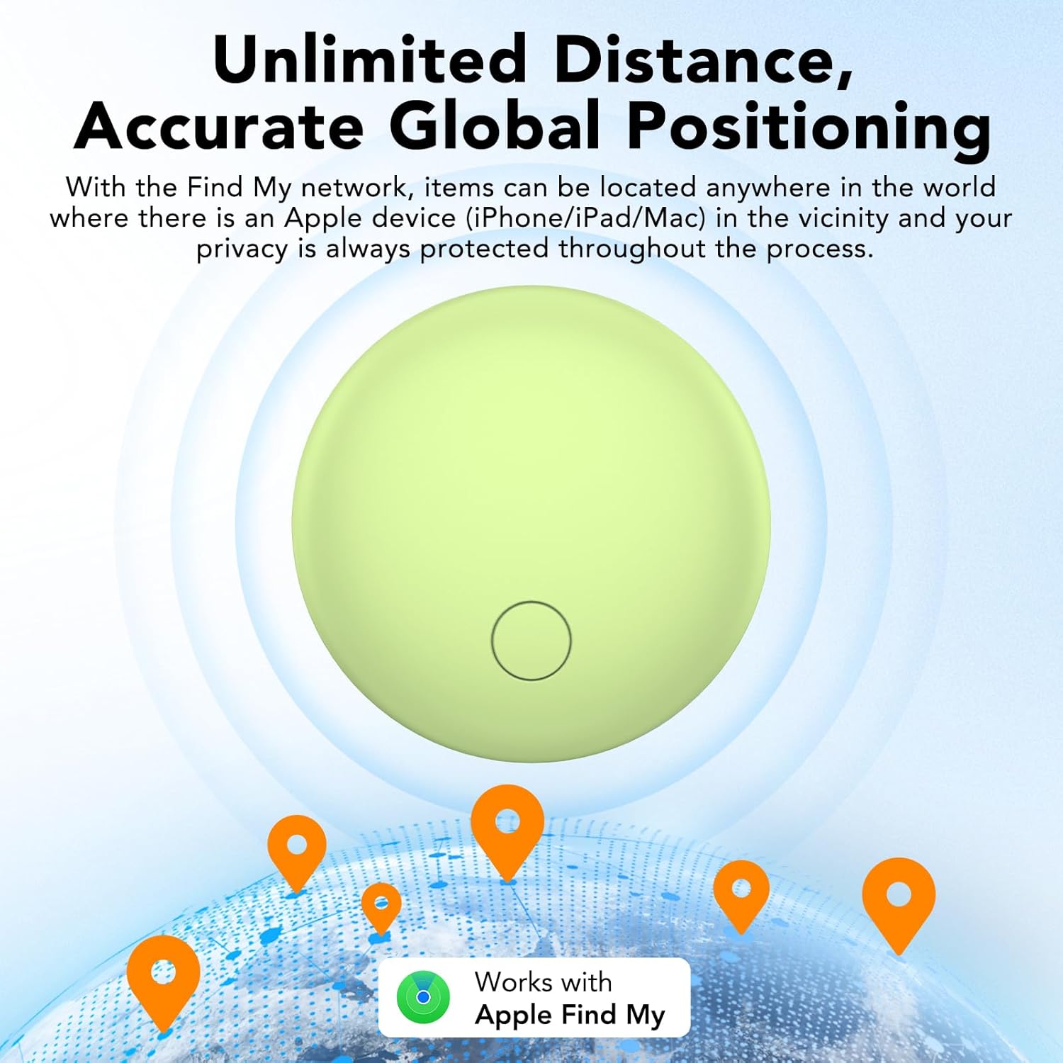 A green CASCHO S3 Air Tracker Tag on a globe with location pins, illustrating global positioning via Apple Find My.