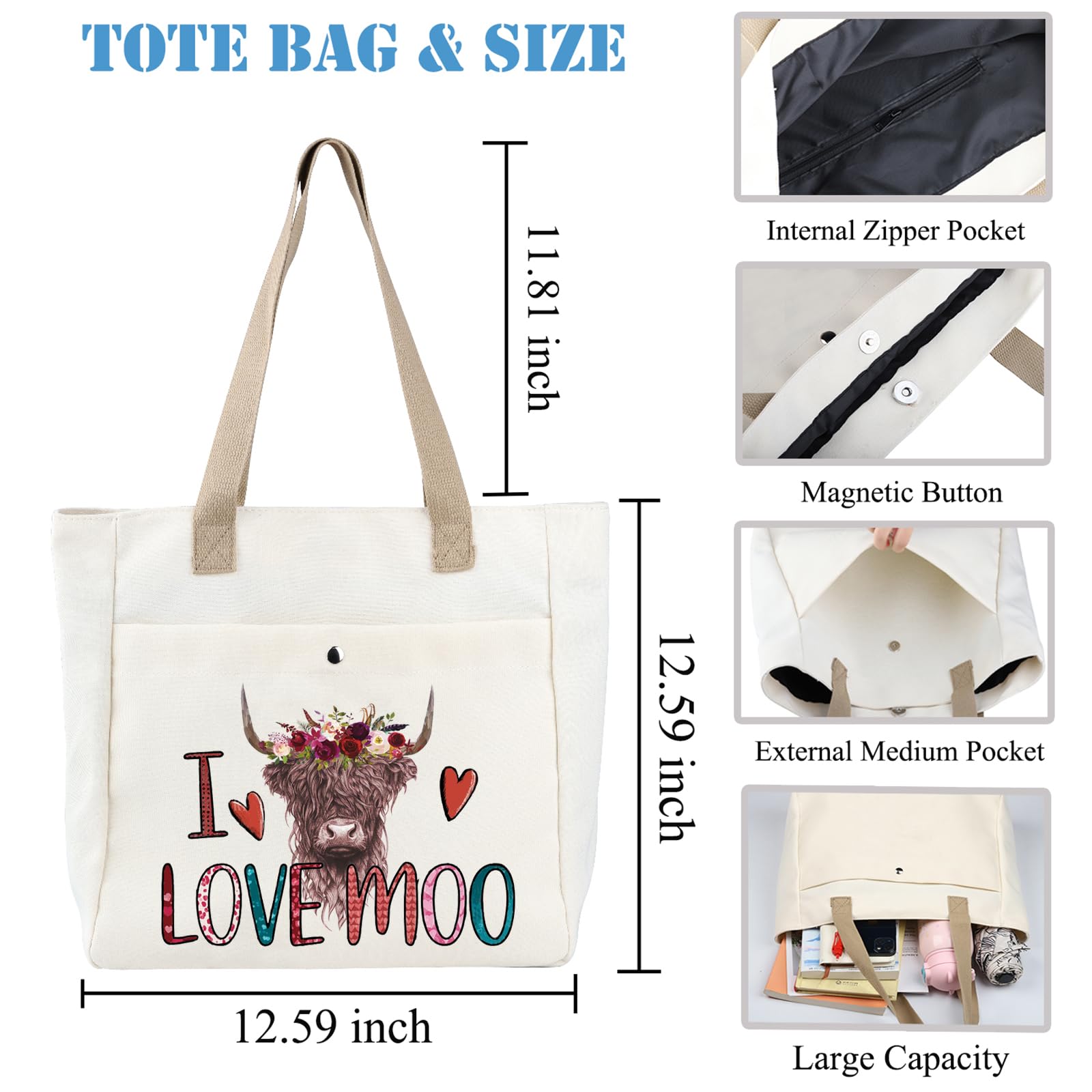 PLITI Highland Cow Tote Bag Highland Cow Lover Gift I Love Moo For Scottish Highland Cow Fan Gift Cowgirl Gift Cow Farmer (I Love Moo TBU) - Image 2