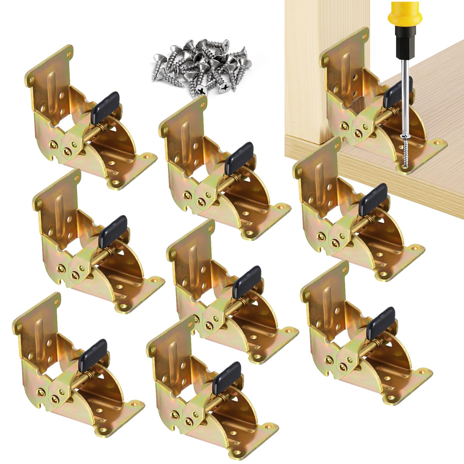 Folding Brackets 8 Pack, Heavy-Duty Self-Locking Hinges with Screws, Foldable Lock Extension Support Brackets for Table Legs, Bed Legs, Workbenches – Gold