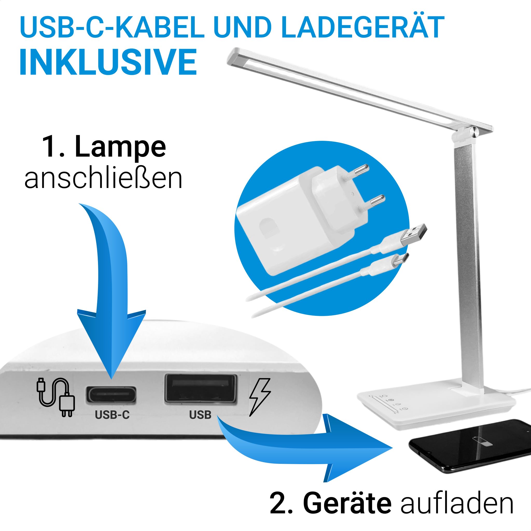 Kabellose LED Schreibtischlampe mit Wiederaufladbarer BATTERIE - Nachttischlampe - Tischlampe - Dimmbares LED Lampe (5 Helligkeits- und 5 Farbstufen, USB-C, 30 Min Timer, Lesemodus) - Desk Lamp