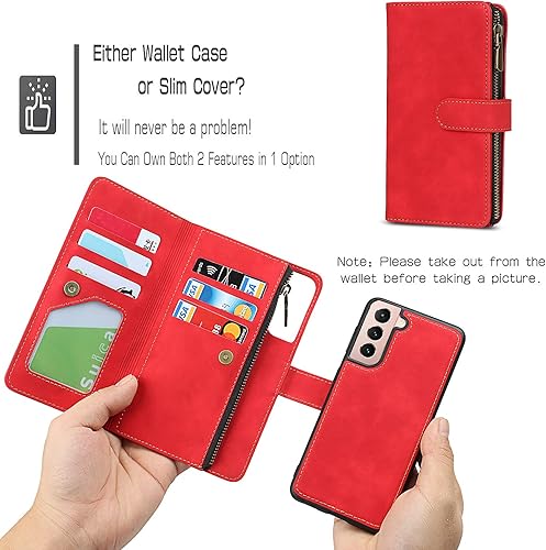 Miniatura 4 de iCoverCase Funda tipo cartera para Samsung Galaxy S21 5G con tarjetero, 2 en 1, de piel sintética, con cierre magnético, bolsillo con cremallera, a