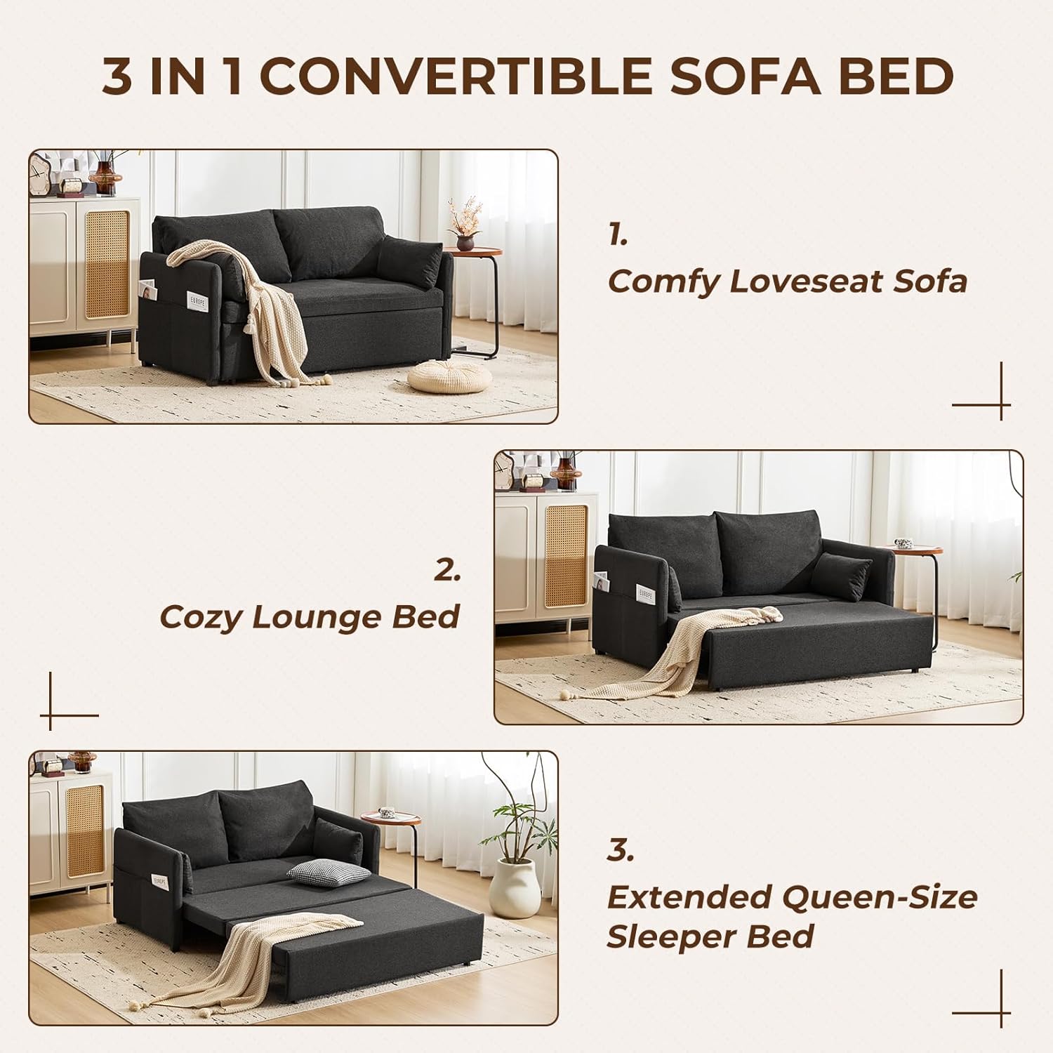 Furnimart 62" Queen Size Sleeper Sofa with Pull Out Sofa Bed, 3 in 1 Convertible Loveseat Sleeper with 6-Position Adjustable Backrest, Modern Linen Futon Couch for Living Room, Apartment, RV, Black