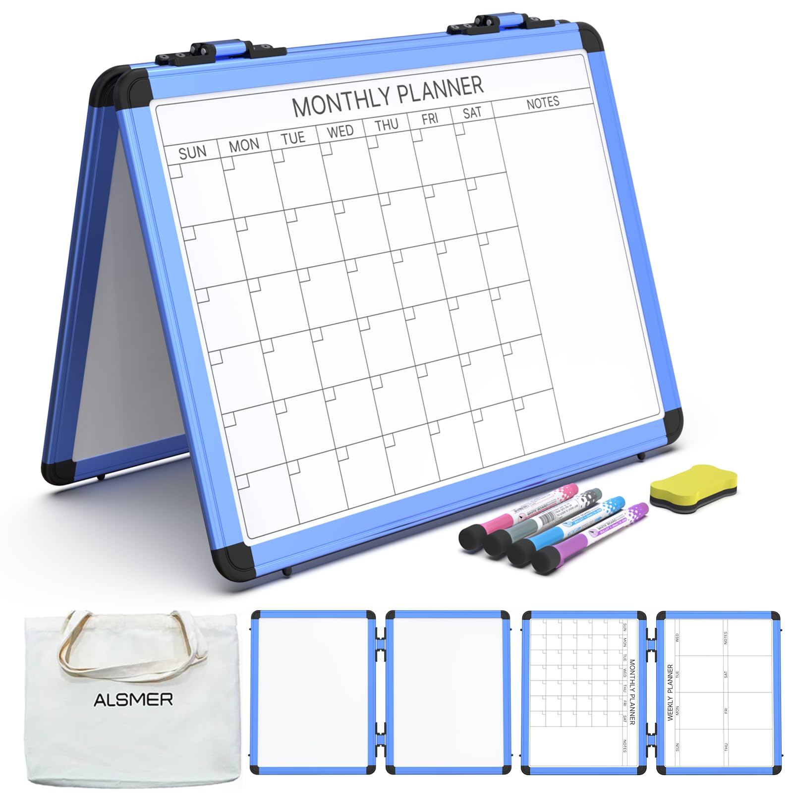 4 Sided Foldable Whiteboards Calendar, 17"x13" Desktop Whiteboard, Integrating with Monthly and Weekly Planner, Multi-Functional Whiteboard Suitable