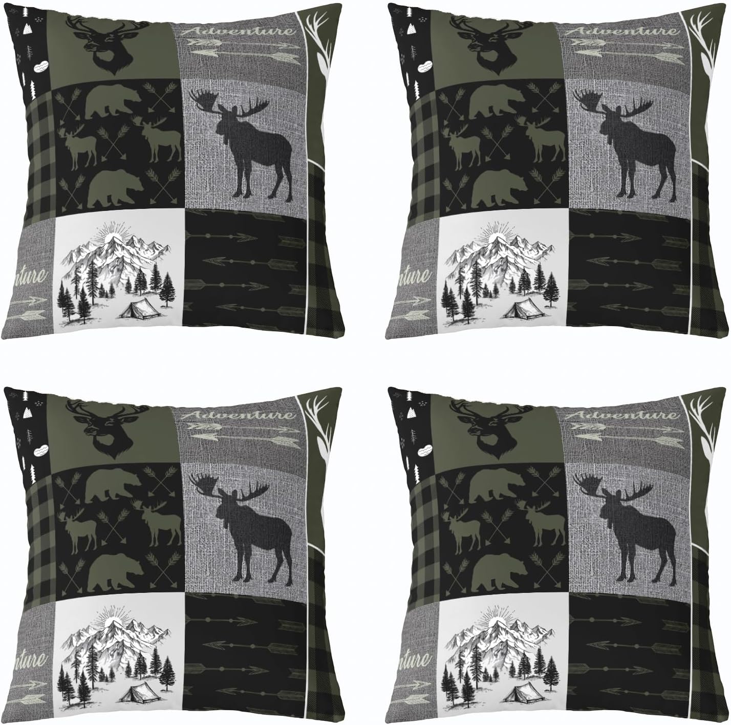 Set of 4 Hunting Rustic Lodge Decorative Pillow Covers 16x16,Deer Bear Patchwork Throw Pillow Covers Retro Cabin Pillow Covers For Kids Teens Adult Men,Camping Moose Elk Cushion Covers,Grey Black