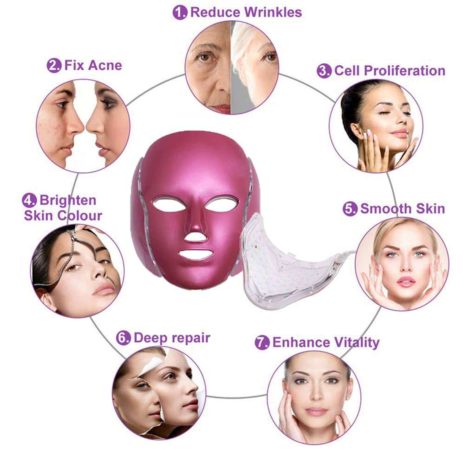 Máscara Facial LED, 7 Colores Terapia de luz Dispositivo de Belleza de Fotones Faciales, para Rejuvenecimiento Facial, Reducción de Arrugas, Antienvejecimiento