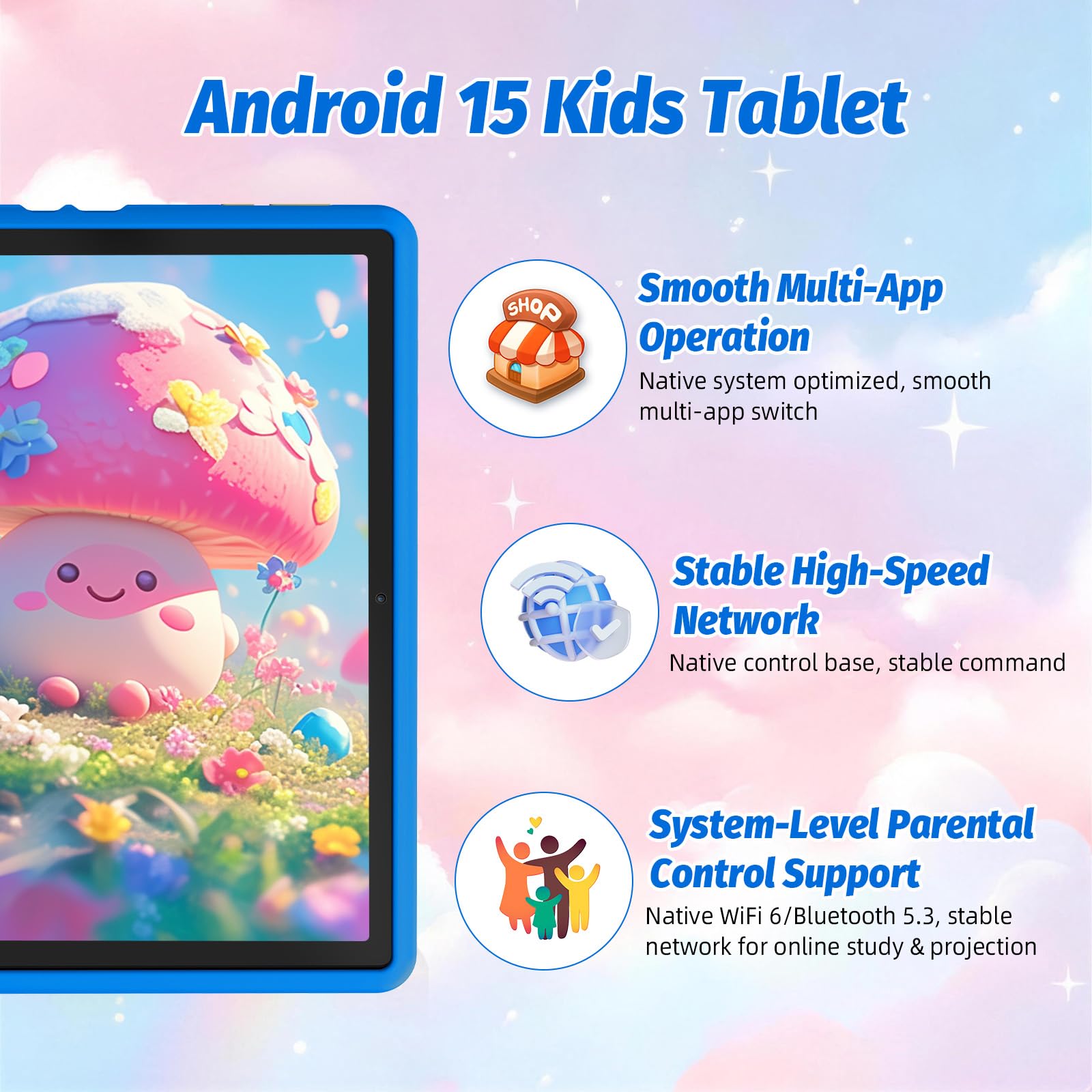 Laptok Kids Tablet 10 Inch, Android 15 Tablet for Kids | 20GB+64GB+1TB Expand | Face ID & Parental Control | 5000mAh & Fast Charging | 5MP+8MP | WiFi 6 | BT 5.3 | Protective Case,Blue in use