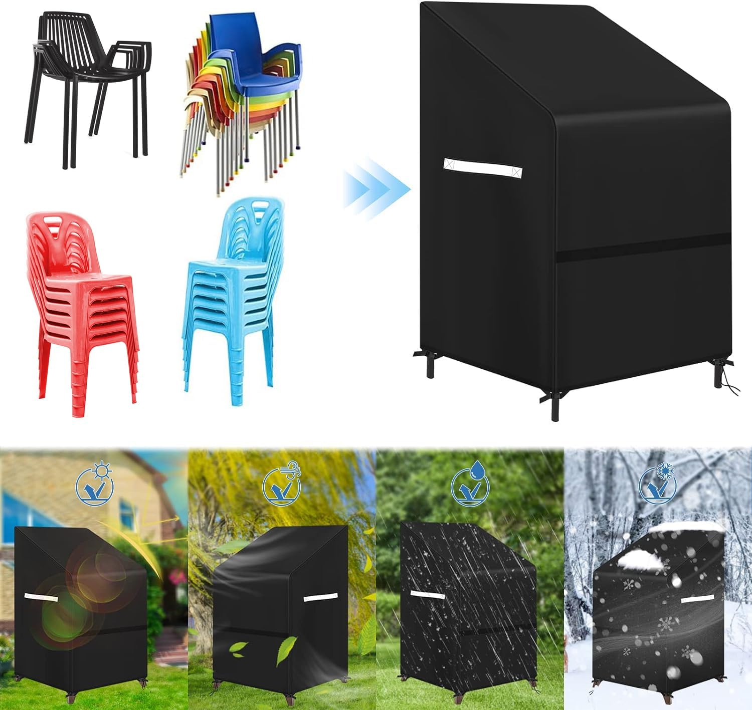 Stacking Outdoor Chair Cover Waterproof Heavy Duty Outdoor Lawn Furniture Covers Stacked Chairs Seat Cover, Lounge Chair Covers Stack Chairs Fits for 4-6 Outdoor Stacking Dining Chairs, 33"Lx27"Dx48"H - Image 6