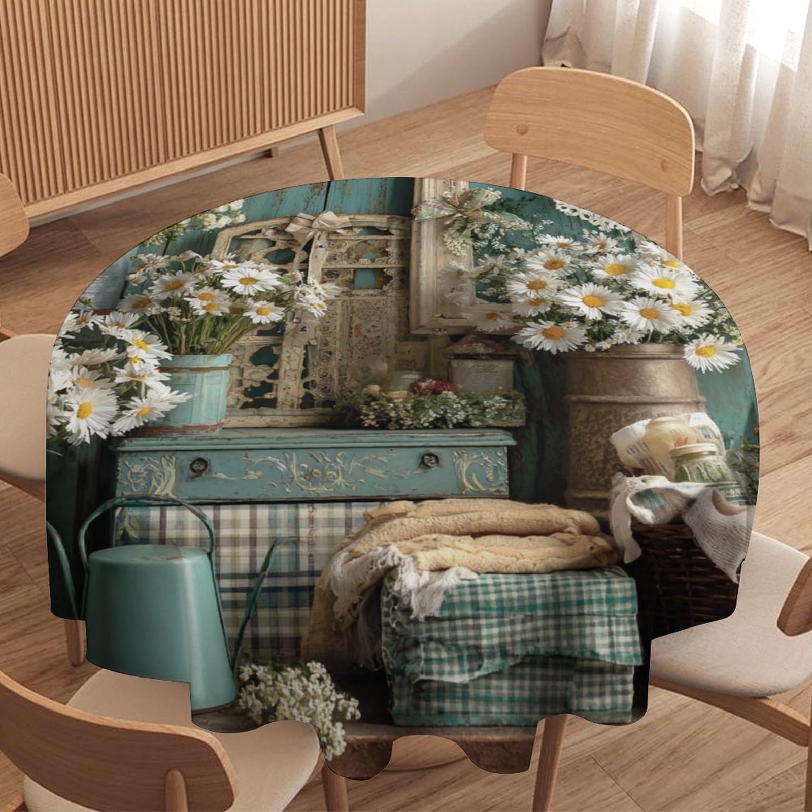 LUYYSKY Beautiful Classic Daisy Floral Round Tablecloth Retro Realistic Country Farm Farmhouse Daisies Flowers Washable Decor for Table Cover for Kitchen-127 Wx127 L cm