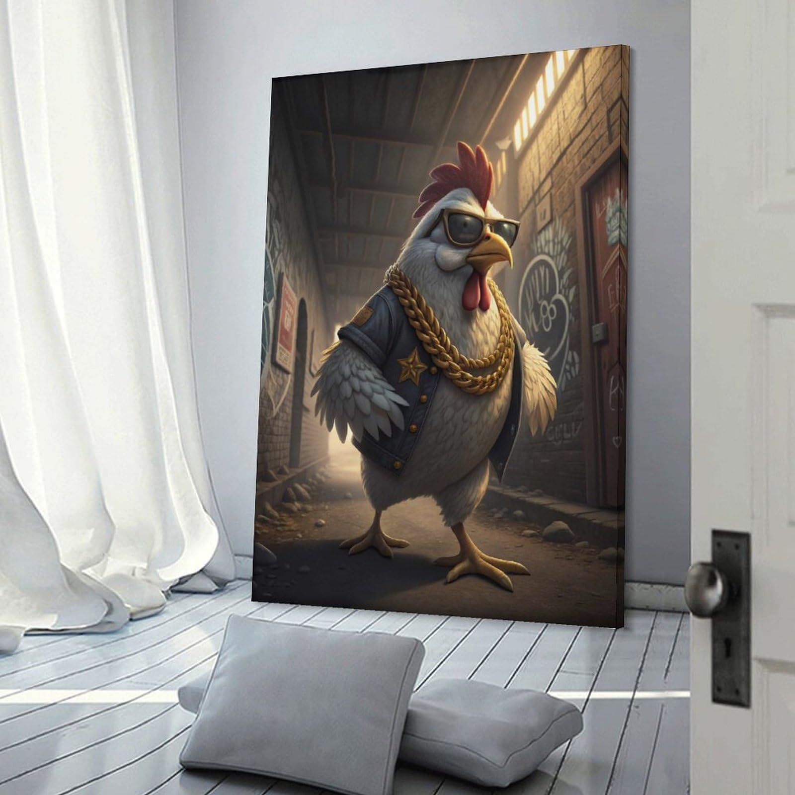 Junmoney Cool Chicken in Alleyway Room Decor Wall Art 24x36inch(60x90cm), for Entrance Spaces, Stair Walls Or Halls, A Neat Decor Update for Hallways