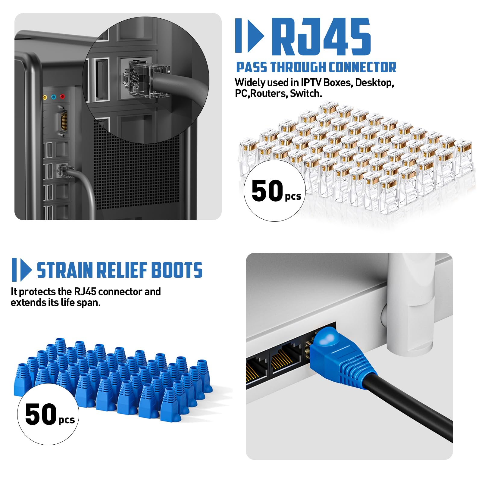 Crimpatrice RJ45 con tester per cavi di rete, mini spellacavi, 50 connettori Cat6 Cat6 Cat 5 e Cat 5 e cavi di sicurezza