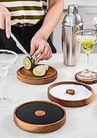 Vista 4 de Nucookery Juego de borde de vidrio para bar de 3 niveles en madera, juego de borde de sal para margarita de 5.6", bandeja de borde de sal y azúcar
