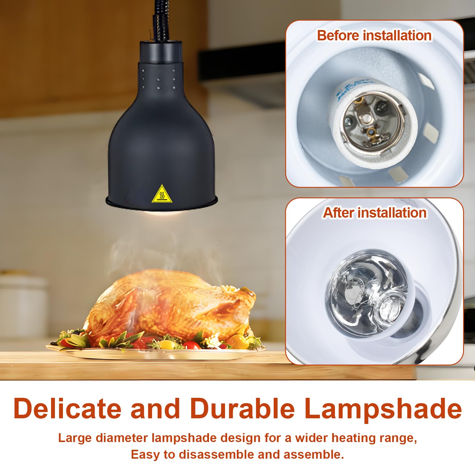 Sospeso Lampade Riscaldanti Cucina Regolabile(D-19cm,3 Pezzi) | 19 cm/25 cm Diametro Lampada Riscaldante per Alimenti, 250W Lampada Scaldavivande Ristorante, Cucina, Hotel