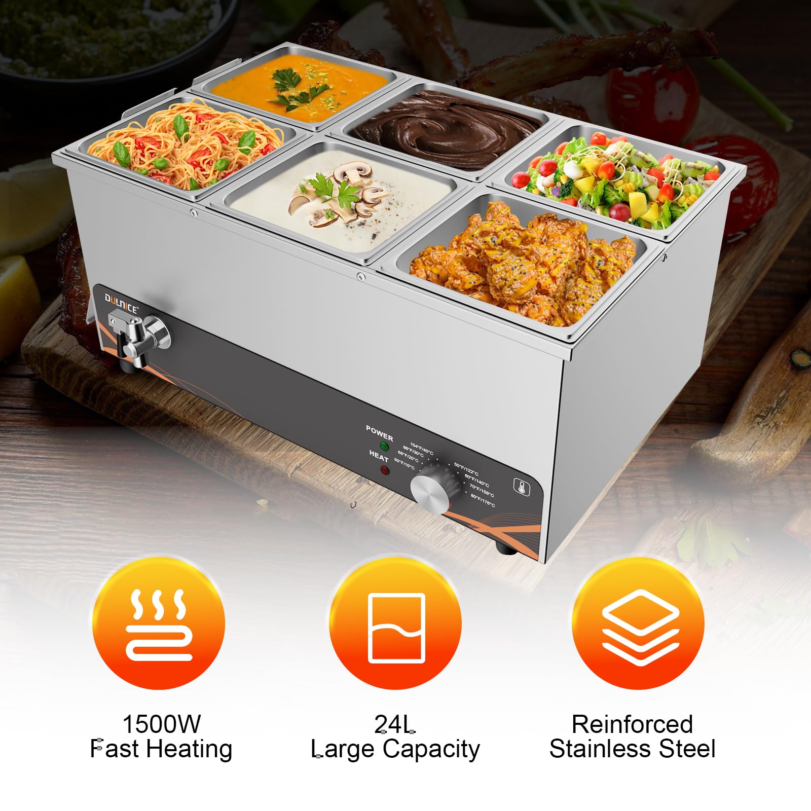 Scaldavivande Elettrico bagnomaria Bain Marie Professionale, pomello in Metallo, Acciaio Inossidabile per Buffet con 6X 1/6 Pentole con coperchi, con 2 Cucchiaio da Minestra, con Rubinetto