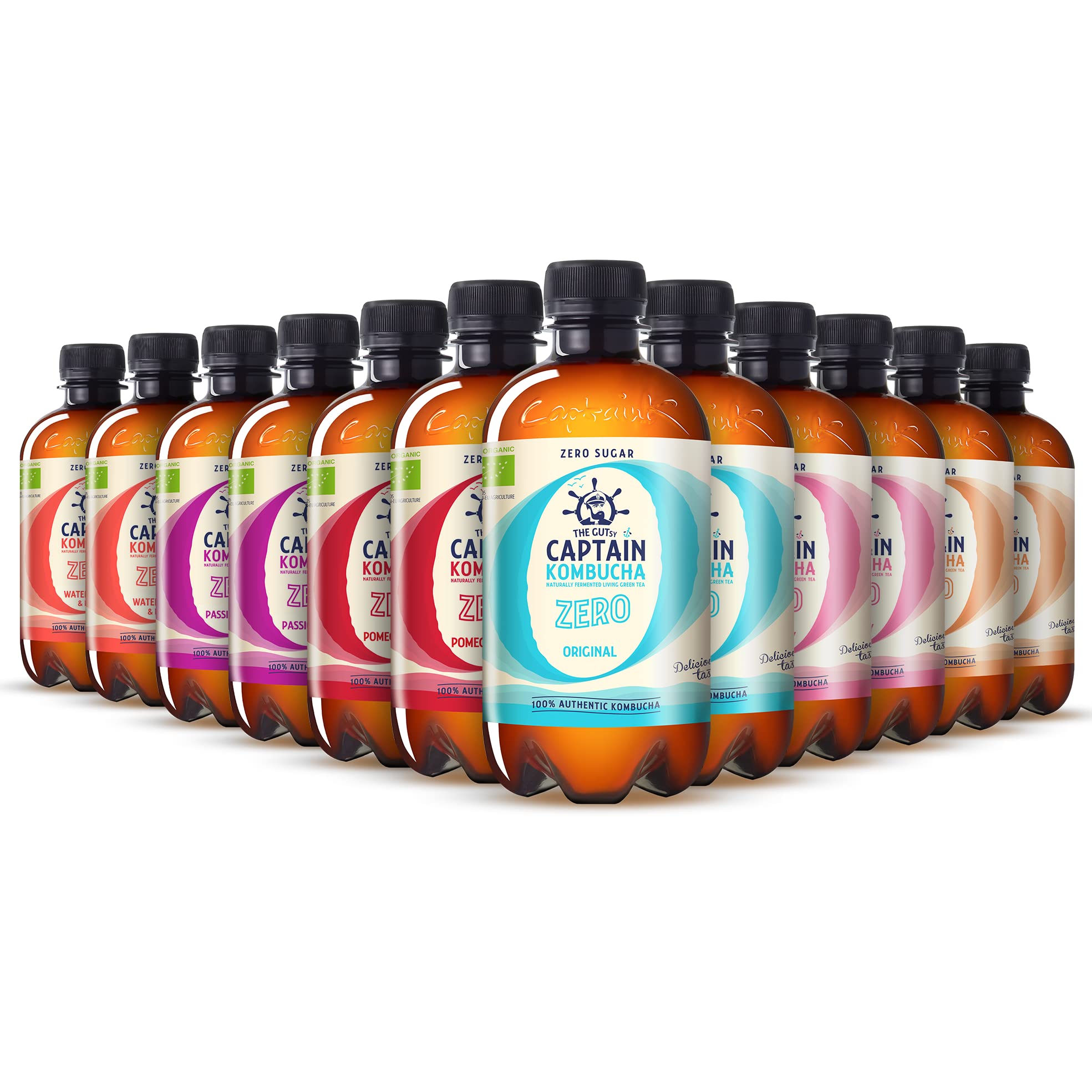 The Gutsy Captain Kombucha ZERO - Zero Sugar, Zero Calories - Bebida Probiótica Naturalmente Fermentada, Sin Pasteurizar, Vegan - 12 x 400ml - MixBox
