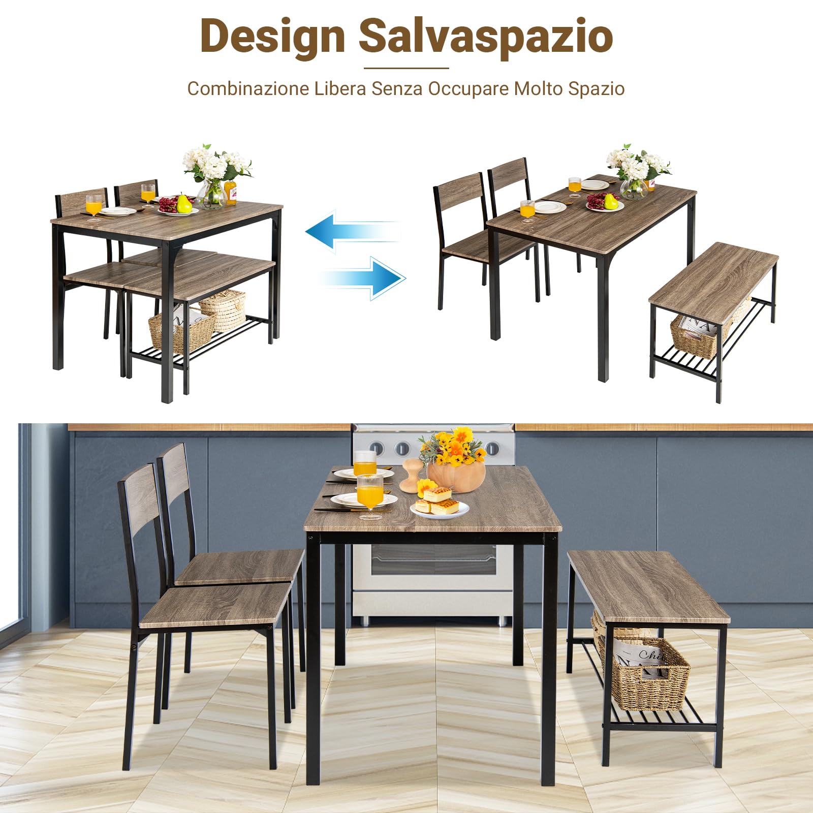 COSTWAY Set Tavolo e Sedie da Cucina 4 Pezzi, Tavolo da Pranzo con 2 Sedie e 1 Panca, Set Mobili da Cucina Salvaspazio con 4 Posti, per Sala da Pranzo e Soggiorno (Rovere grigio)