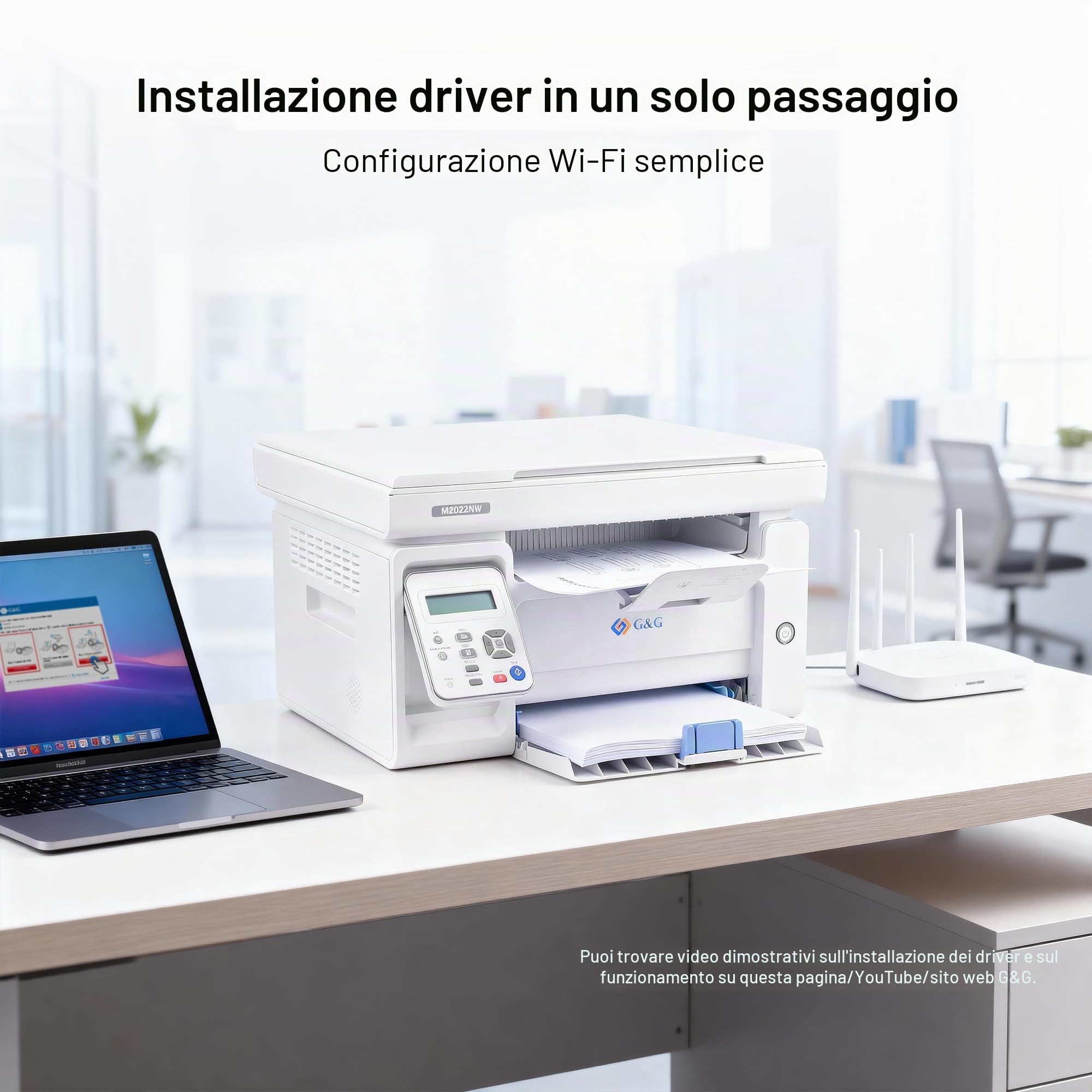 G&G M2022NW Stampante Laser bianco e nero Multifunzione Wifi, Stampanti Laser con Scanner Toner in offerta per Ufficio e Casa(22-23 Ppm)