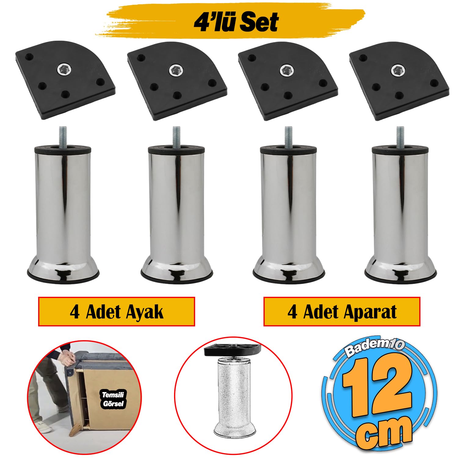 Kanepe Baza Koltuk Destek Yükseltme Yükseltici 4 Adet Ayağı M8 Civatalı Krom Metal Ayakları 12 Cm