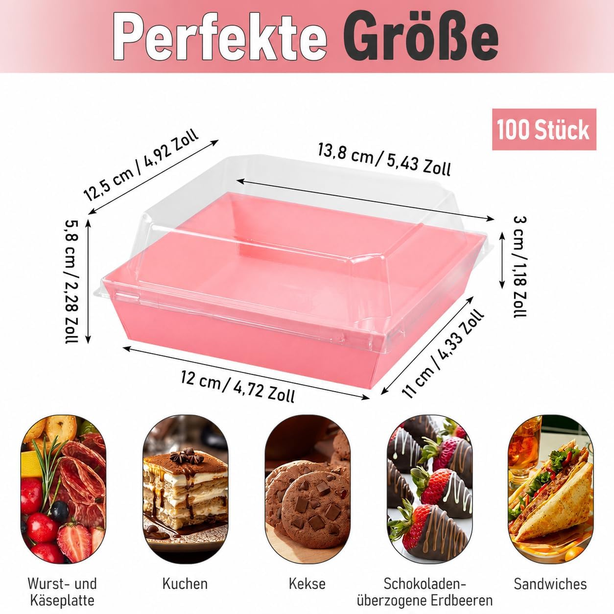 100 scatole per salumi con coperchio trasparente, scatole quadrate per alimenti, per dessert, biscotti, sandwich, fragole, 13,5 x 12,5 x 6,5 cm, blu (rosa)