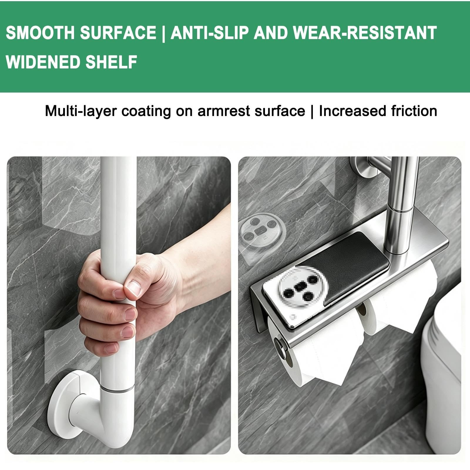 Maniglione Bagno con Ripiano, Acciaio Inox | Maniglione WC 3‑in‑1 con Portarotoli Doppio, Maniglia di Supporto a Muro, 150 Kg, per Anziani e Disabili(Gray)