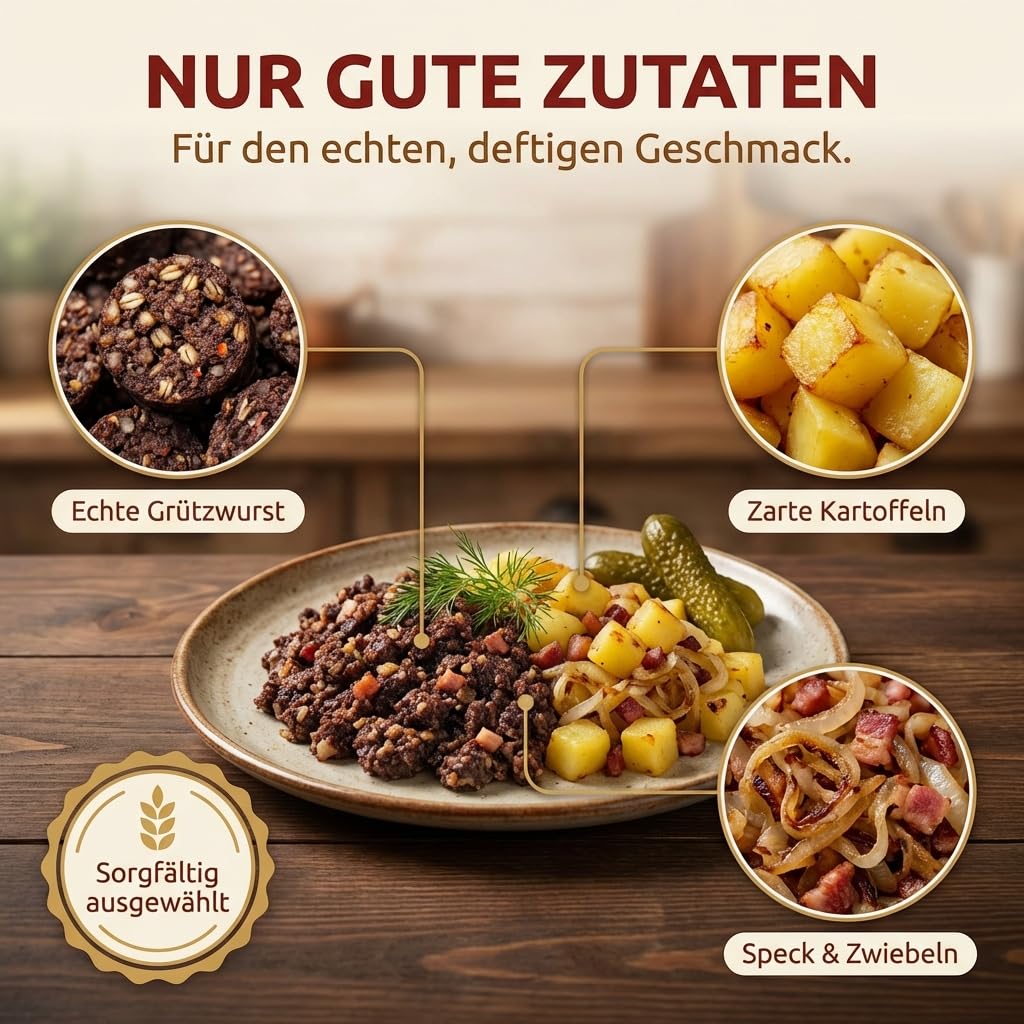 Schulküche 12x Tote Oma - Grützwurst mit Kartoffeln - DDR Fertiggericht | Original DDR Rezeptur ohne künstliche Zusätze, handgemacht im Kessel, inkl. Kochbuch & Grußkarte für Ostalgie Fans