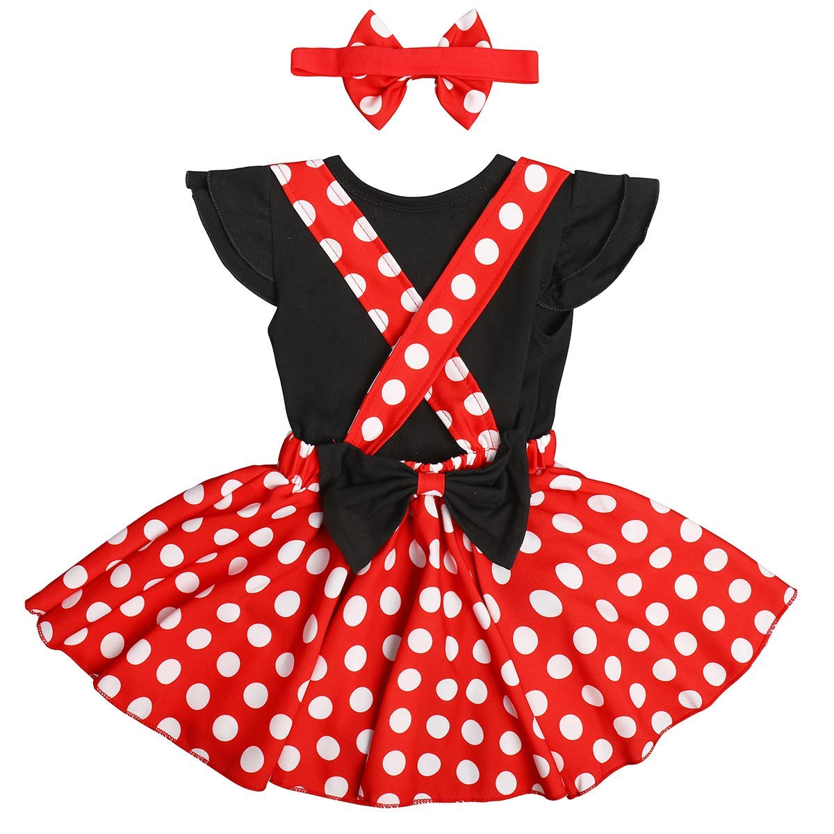 Christmas Costume Newborn Baby Girls Romper Flutter Sleeve Bodysuit + Polka Dot Dress Suspender Tutu Skirt + Bow Headband First 1st Birthday Cake Smash Outfit for Photo Shoot Cosplay Black+Red 18-24M